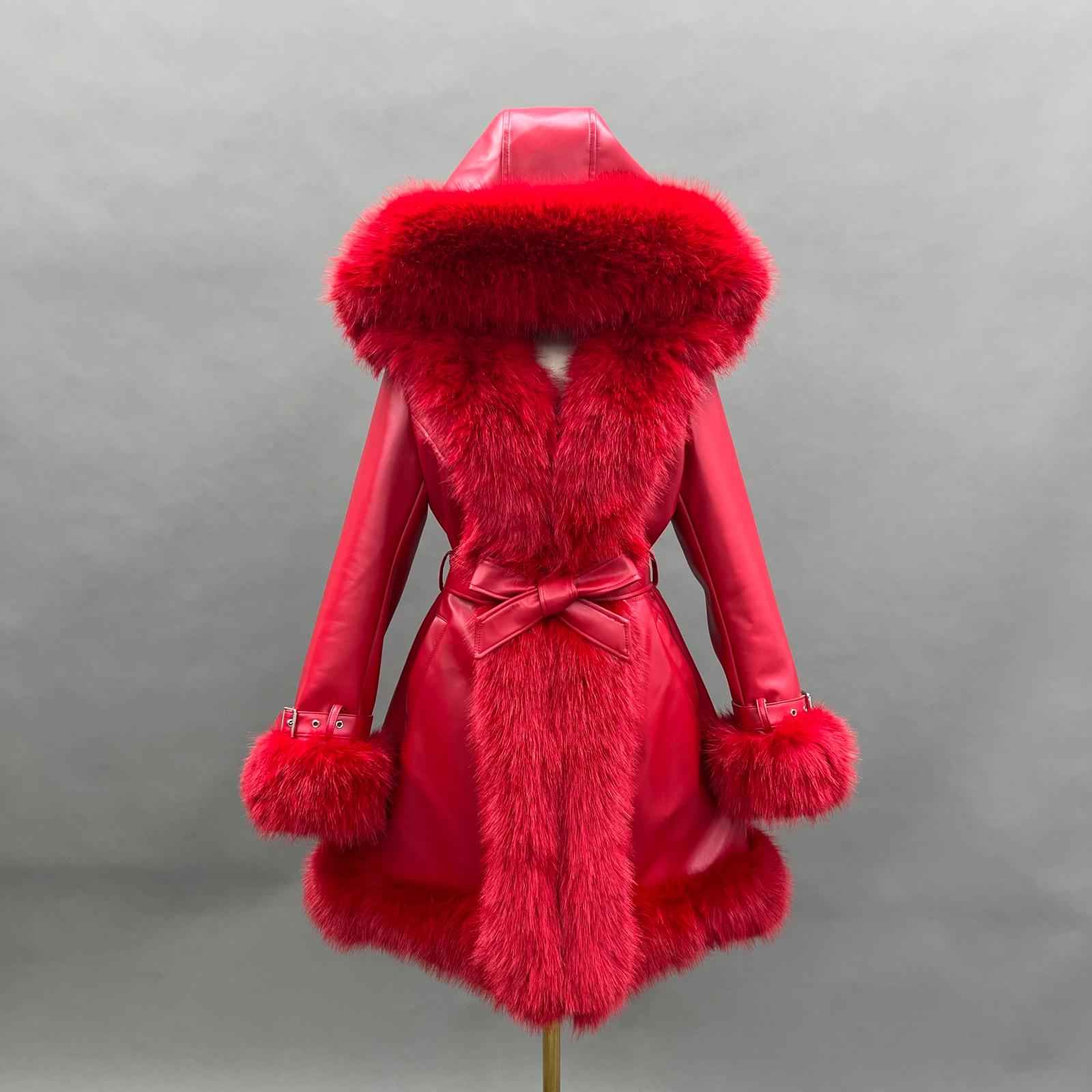 Eco-Friendly Leather and Fur Women's Long Belted Hooded Coat