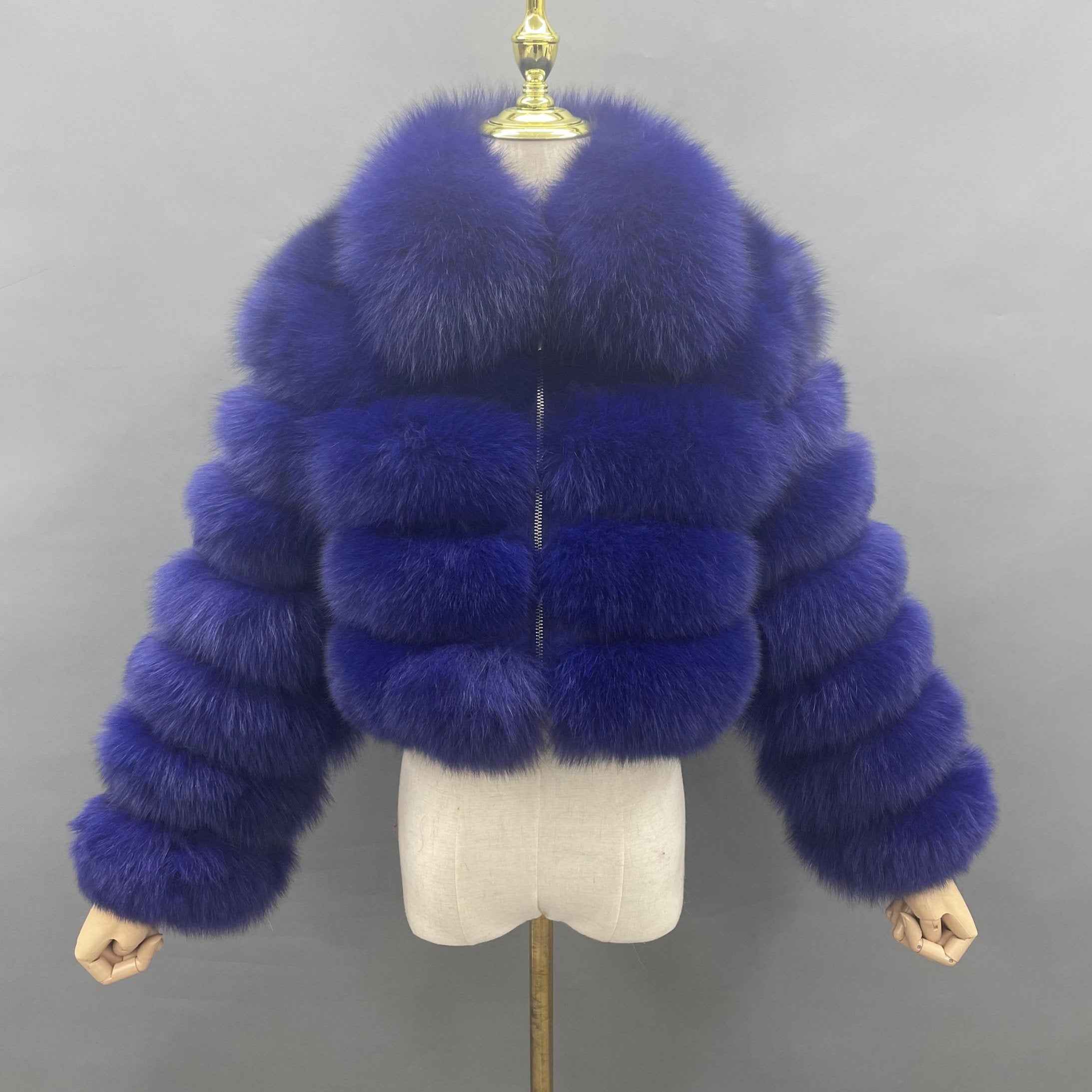 Women's Five Sections Zipper Fox Fur Coat Winter Coat Royal bule S-chest 92cm