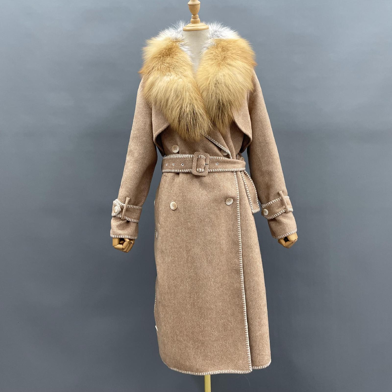 Women's Double-faced Wool Coat with Luxurious Silver Fox Fur Collar Cashmere Jacket Camel
