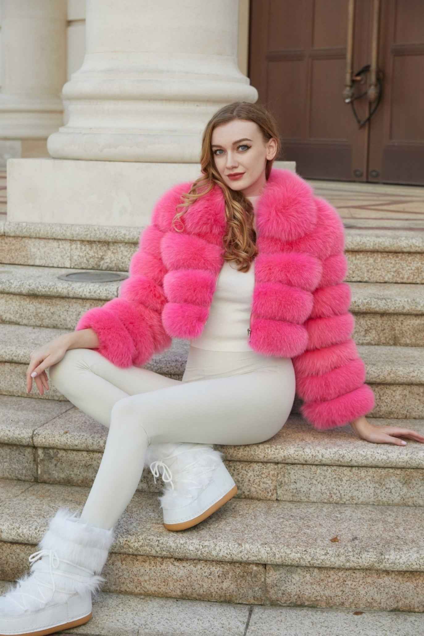 Women's Five Sections Zipper Fox Fur Coat Winter Coat Pink S-chest 92cm