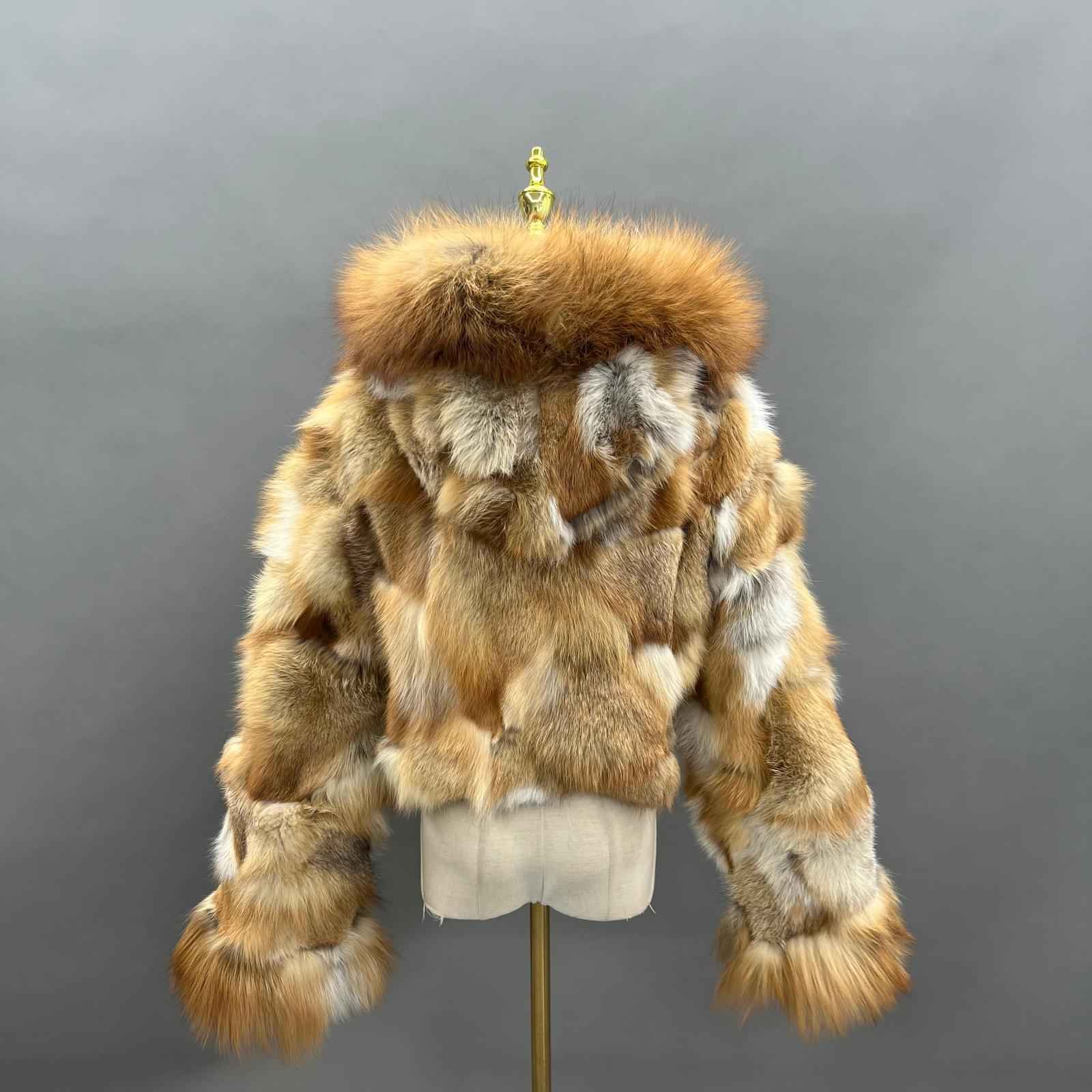 Fox Fur Coat for Women Luxurious Fox Fur Placket Hooded Zippered Jacket