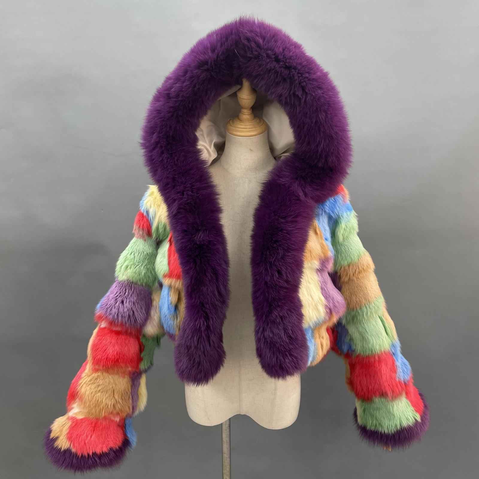 Fox Fur Coat for Women Luxurious Fox Fur Placket Hooded Zippered Jacket