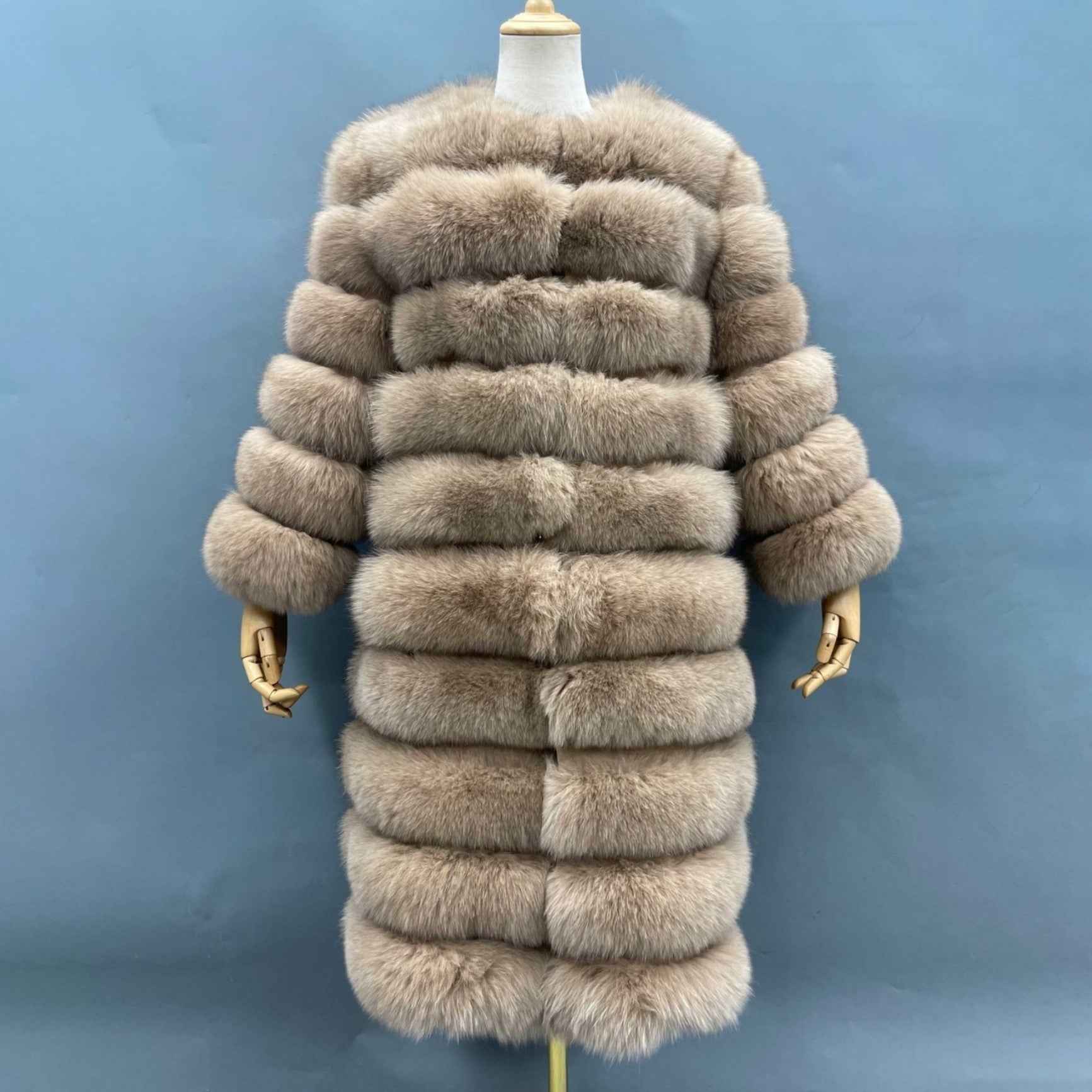 Fox Fur Round Collar Women's Long Coat Hem Removable