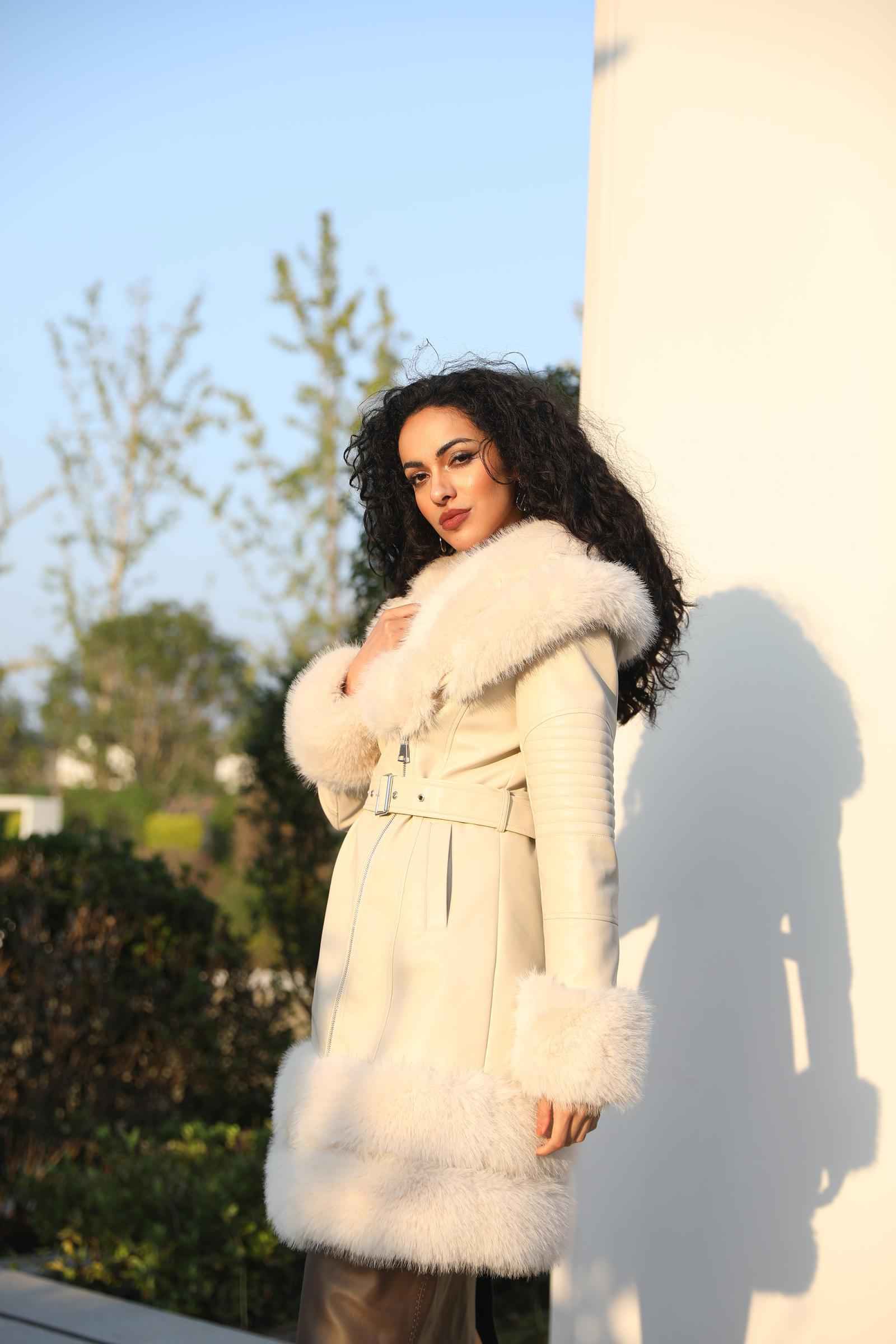 Eco-Friendly Leather Women's Mid-Length Coat with Faux Fur Cuffs and Belt