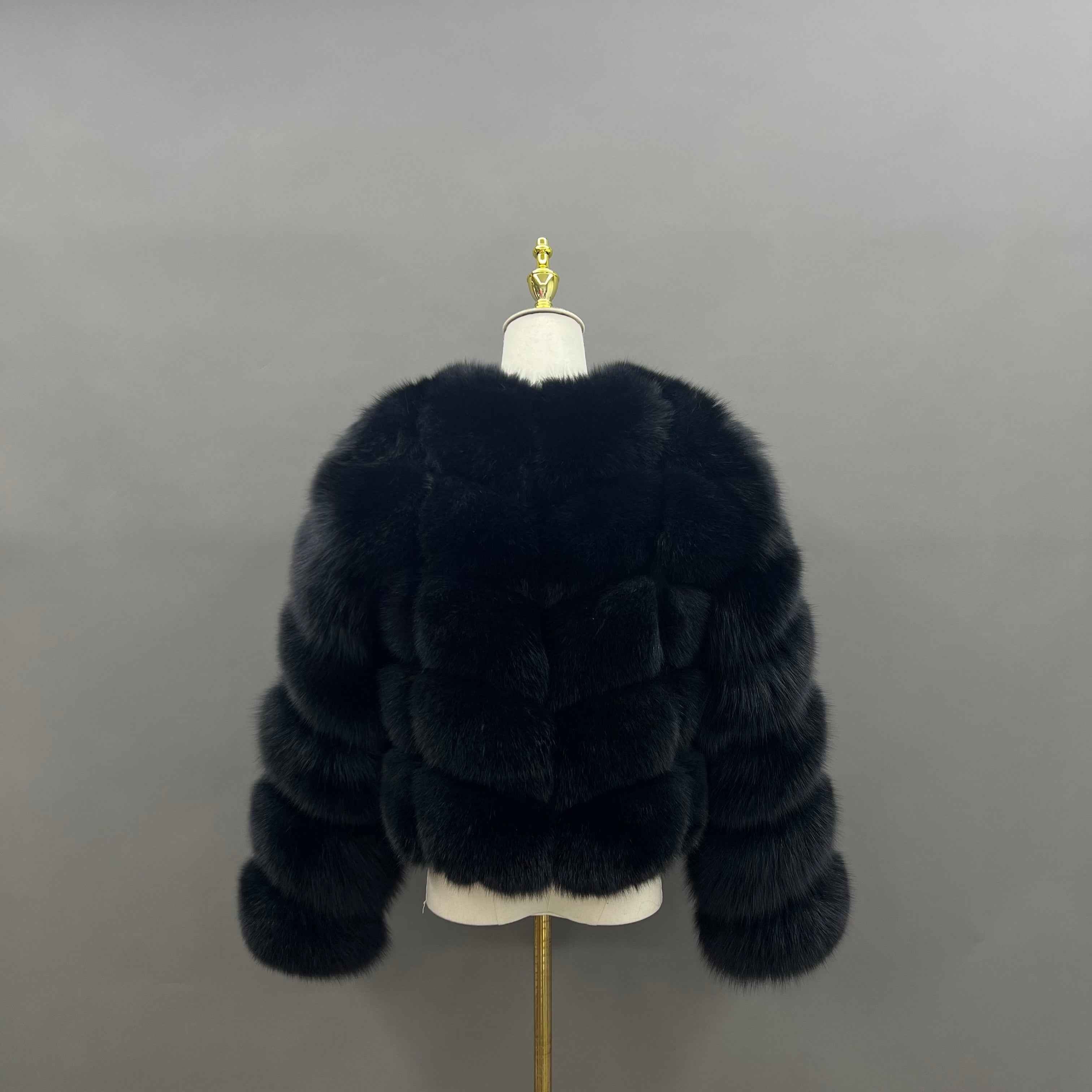 Fashion V-Neck Women‘s Black Fox Fur Coat