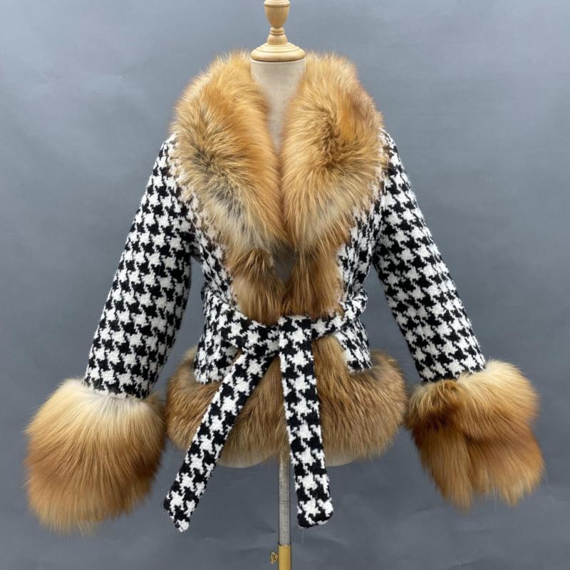 Mandarin Collar Wool Checkered Short Jacket with Fur Trim Red Fox