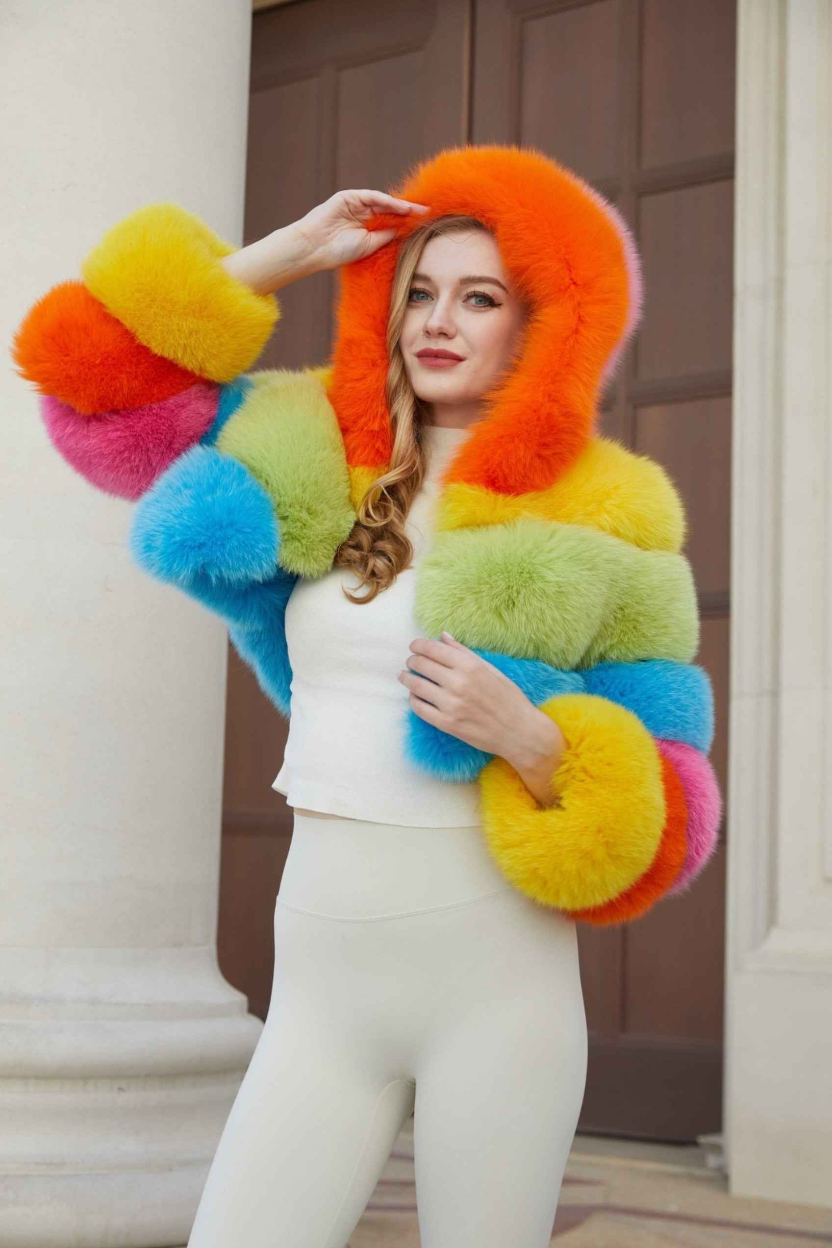 New Women's Winter Rainbow Fox Fur Hooded Coat 1