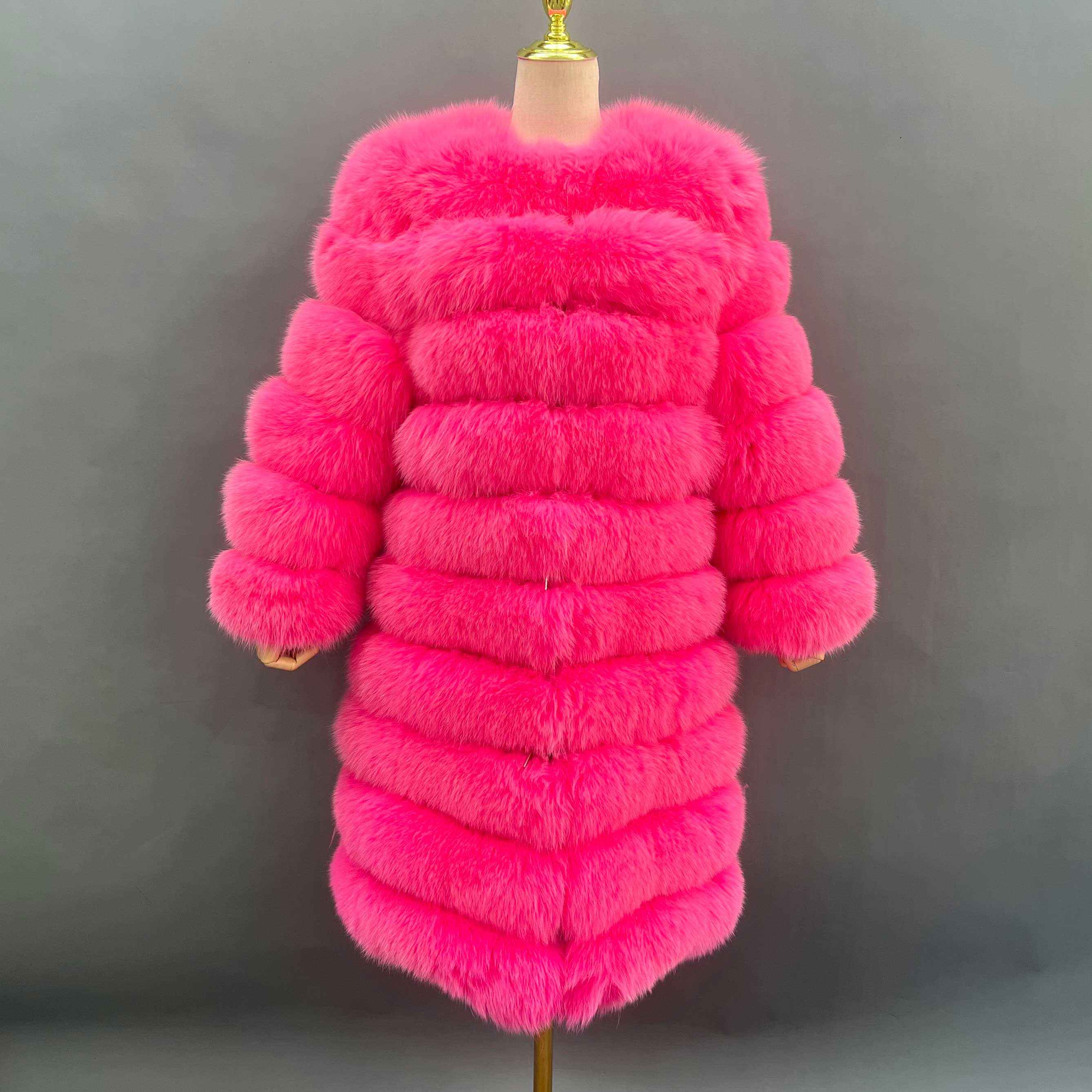 Fox Fur Round Collar Women's Long Coat Hem Removable