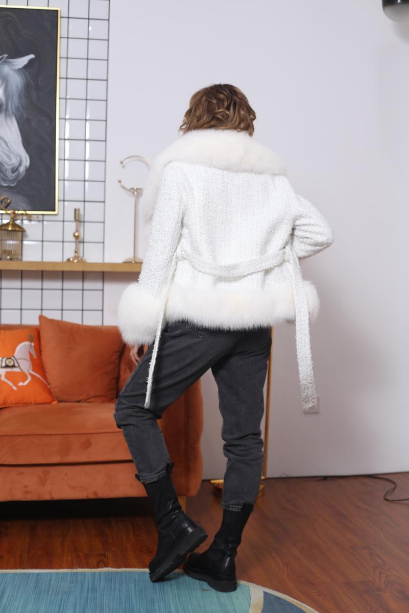 Mandarin Collar Wool Checkered Short Jacket with Fur Trim