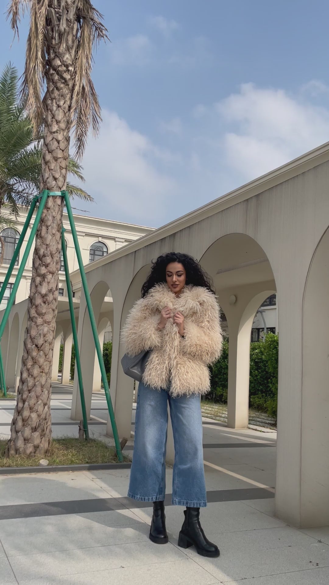 Faux Mongolian Lamb Wool Coat Eco Friendly Mongolian Lamb Wool Women's Elegant Notched Collar Short Coat Jacket