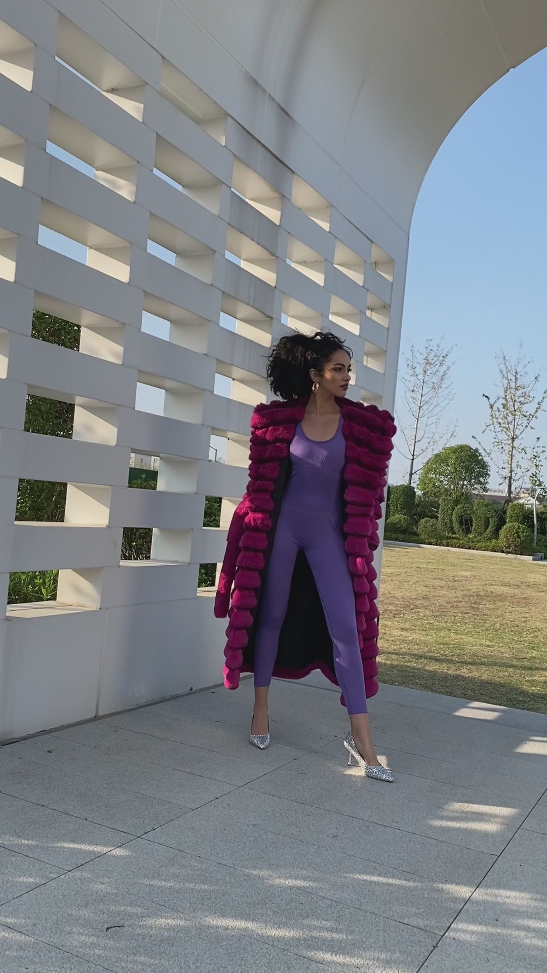 Eco Friendly Faux Fur Jacket with Hood Women's Fashionable Long Coat with Chinchilla Pattern