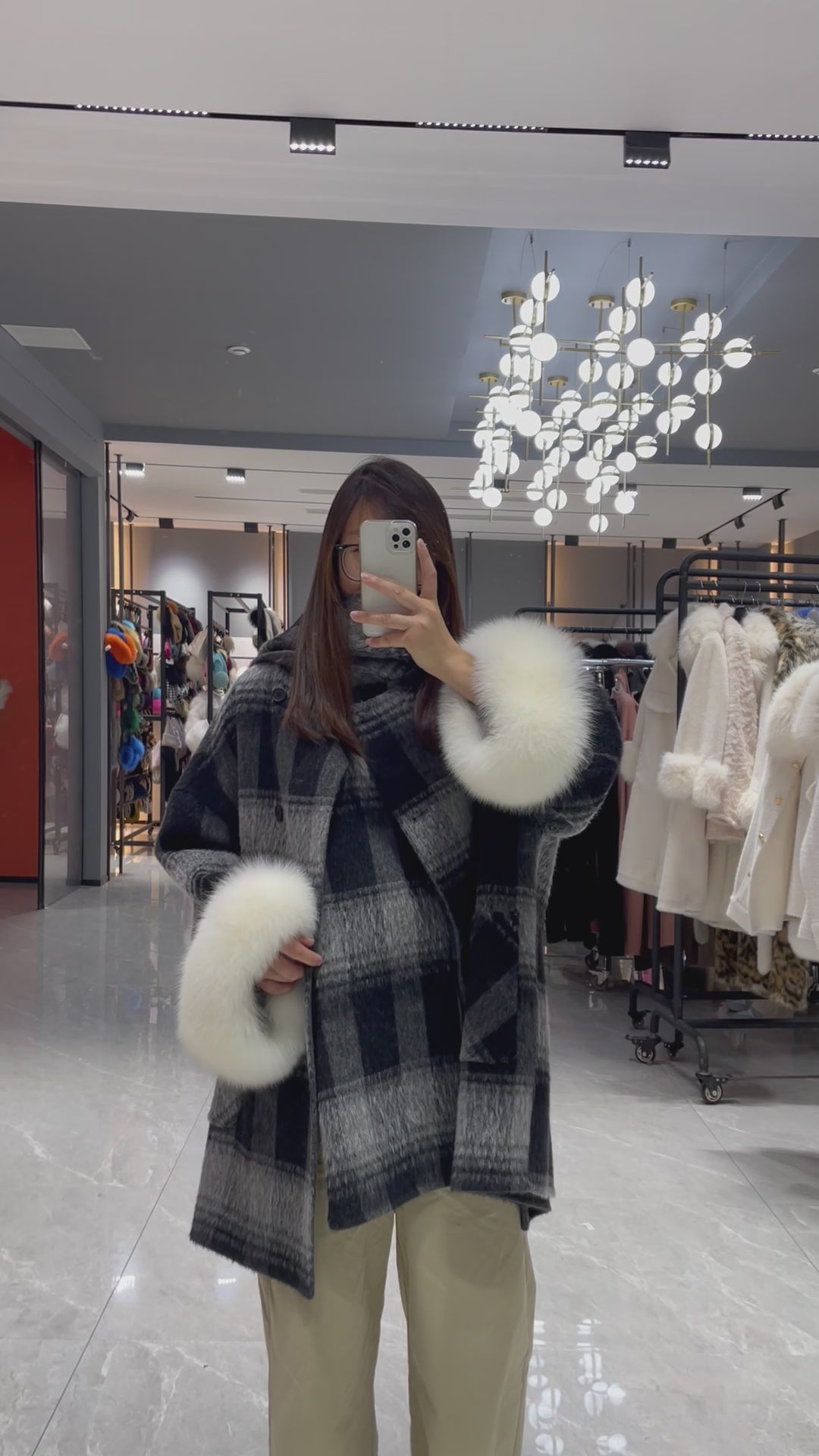 Luxury NEW Winter Wool Coat with Built-in Scarf & Real Fox Fur Cuffs – Women's Winter Plaid Overcoat