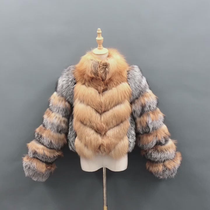 Women's Luxury Red & Silver Fox Fur Cropped Jacket - Chevron Stripe Design Winter Warm Fashion Outerwear