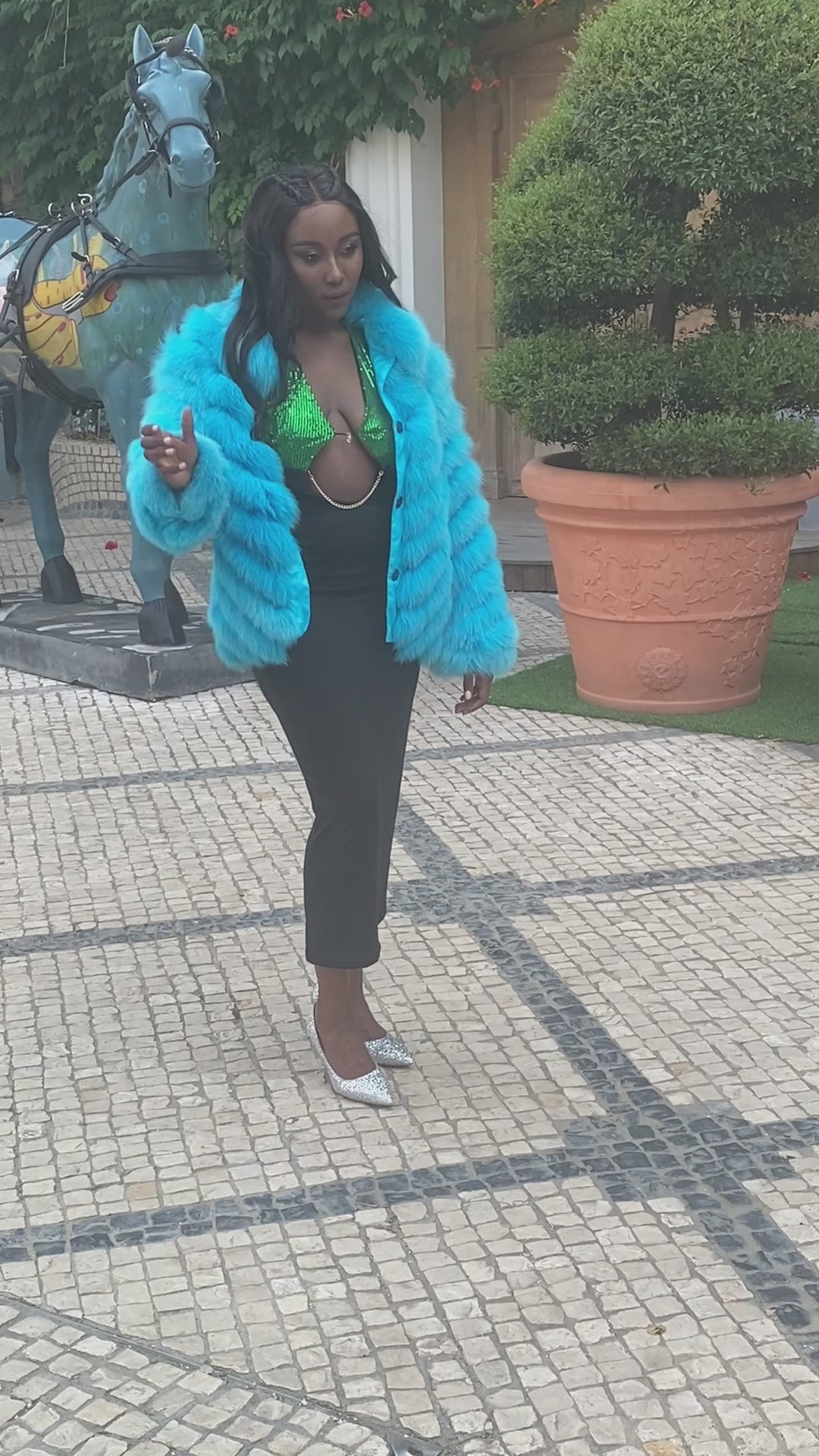 Double-Sided Fox Fur Diagonal Stripe Short Coat