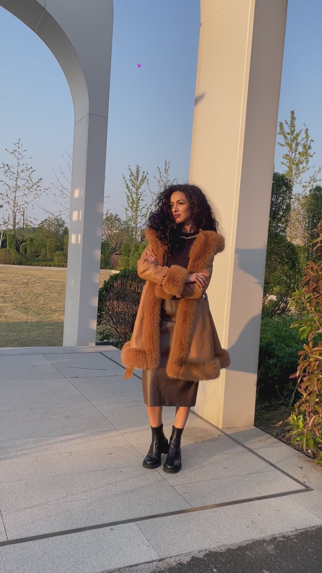 Eco-Friendly Leather and Fur Women's Long Belted Hooded Coat