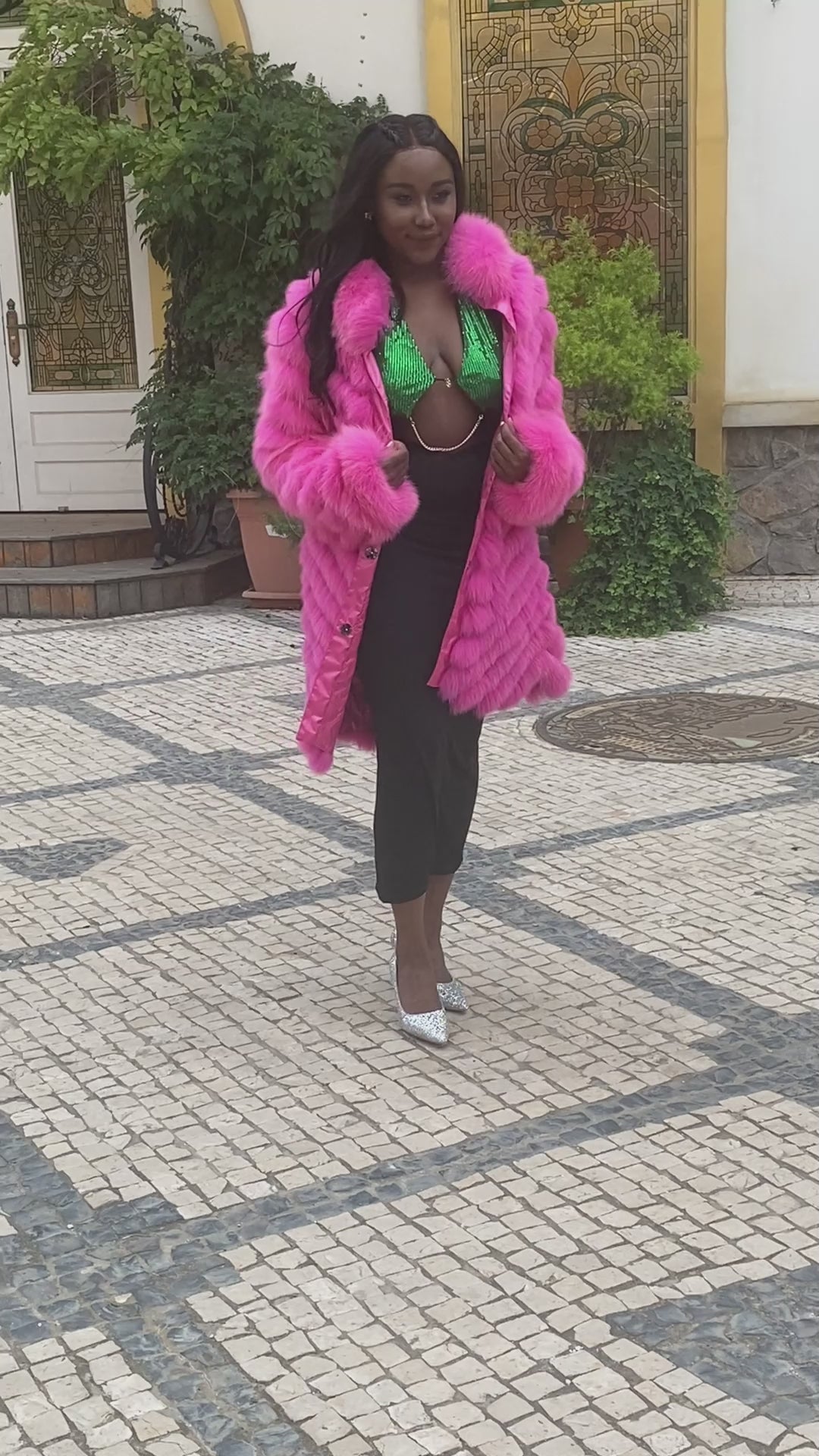 Double-Sided Fox Fur Diagonal Stripe Long Coat