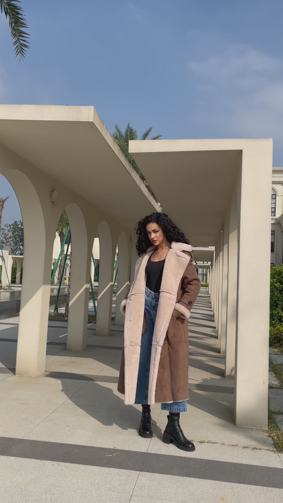 Leather and Fur Combo Merlot Double-Breasted Women's Vintage Long Coat