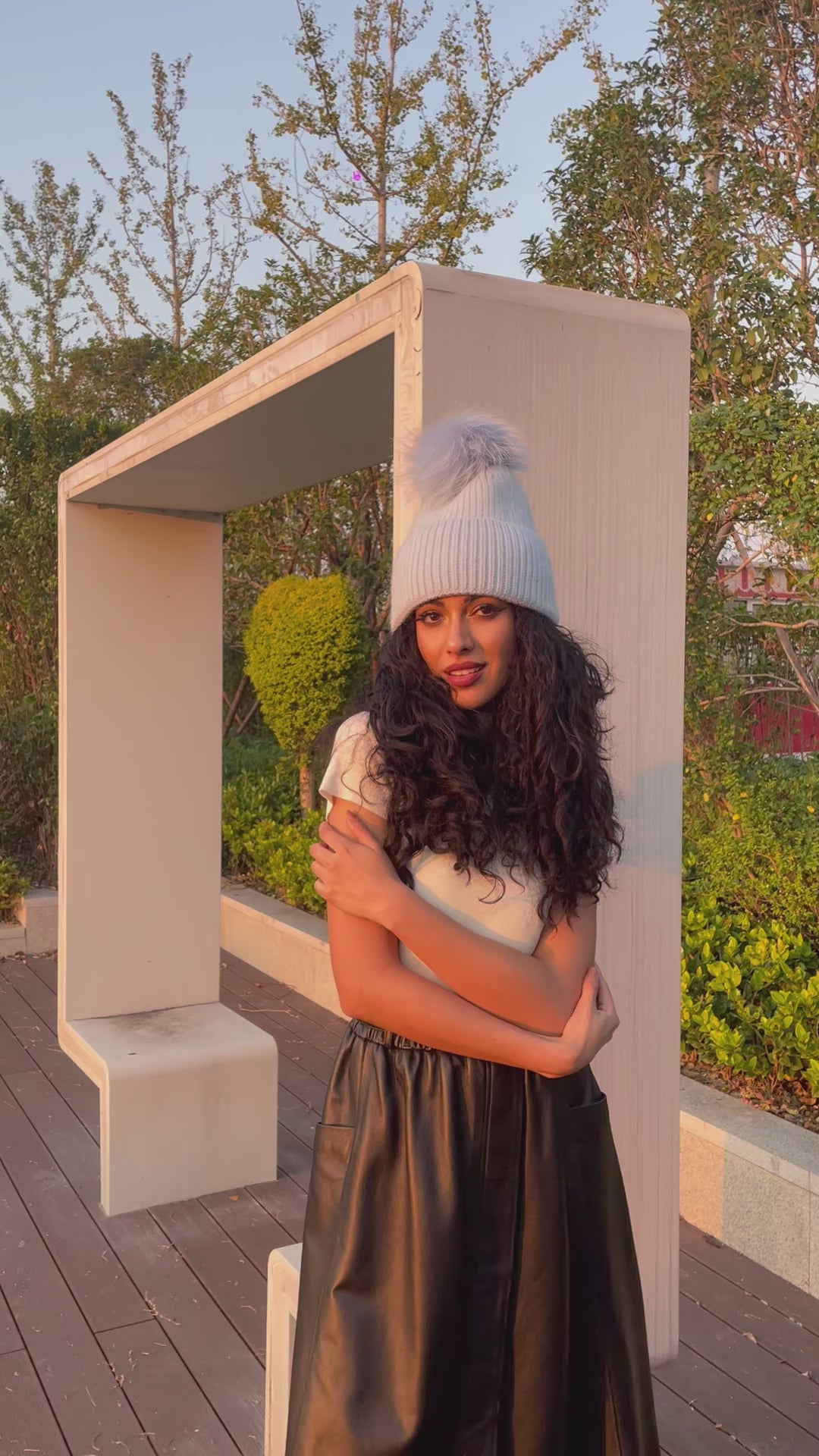 Women's Fashion Thin Striped Rabbit Fur Pom Pom Hat