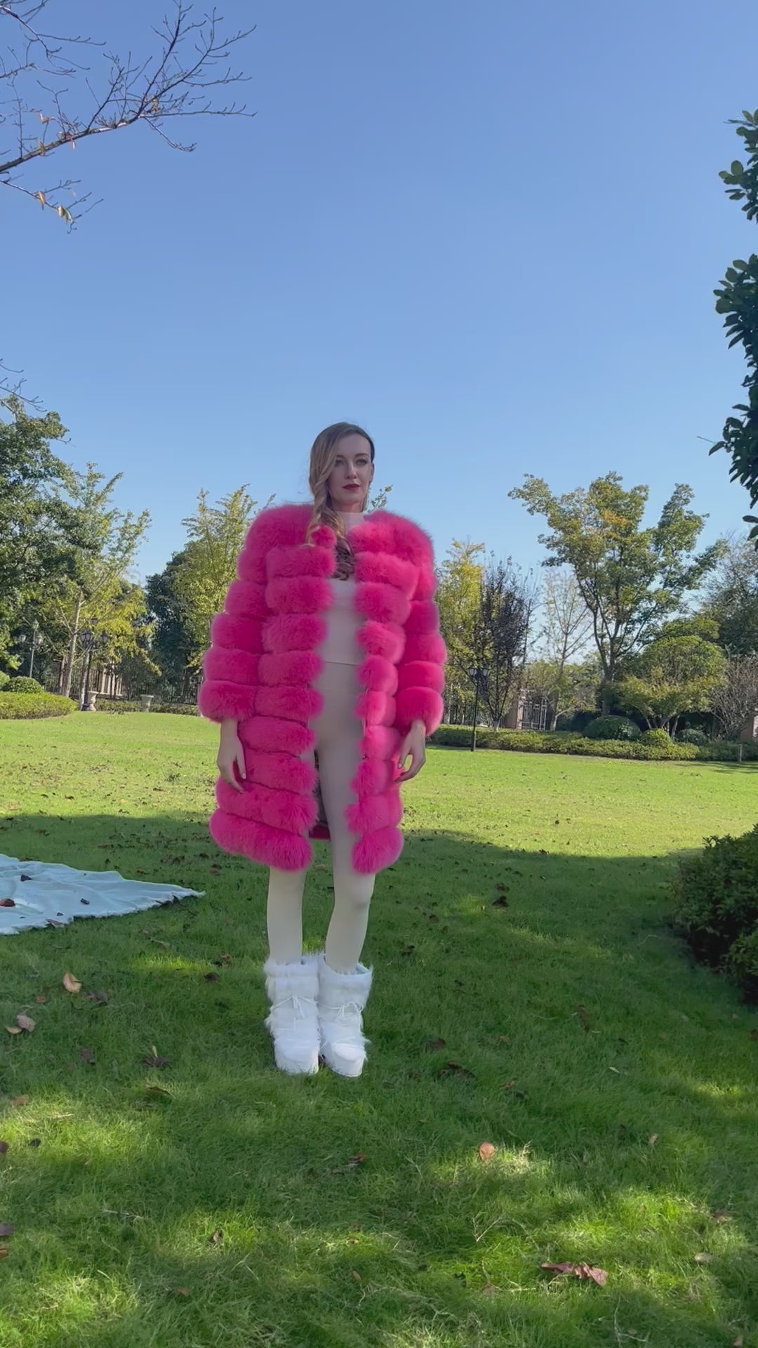 Fox Fur Round Collar Women's Long Coat Hem Removable