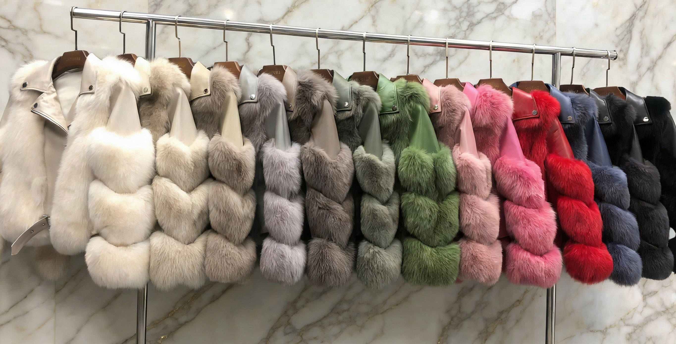 Colorful fox fur jackets collection in white, gray, green, pink, red, navy and black displayed on hangers