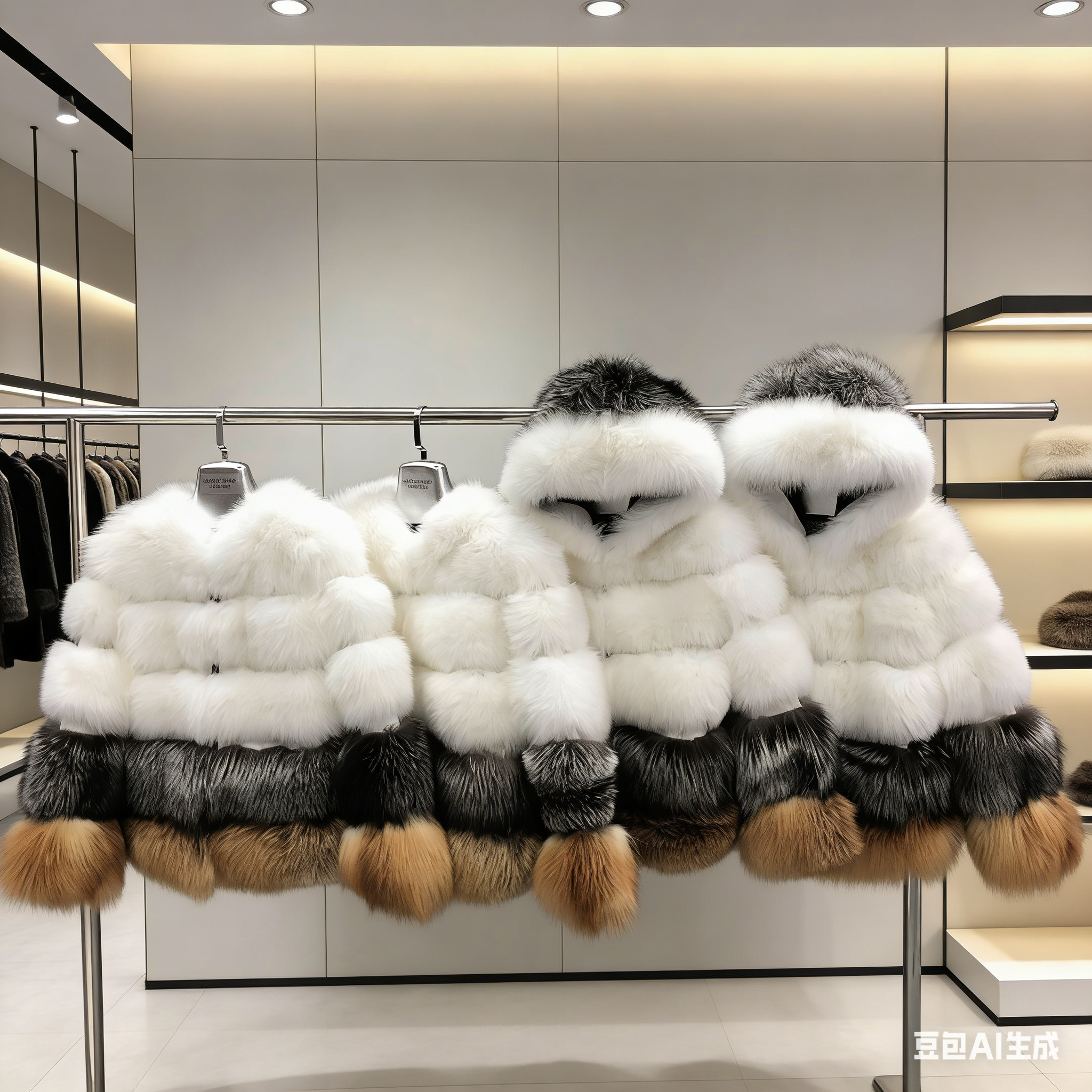 Luxury white fox fur coats with silver fox and golden fox color blocking details displayed in modern boutique