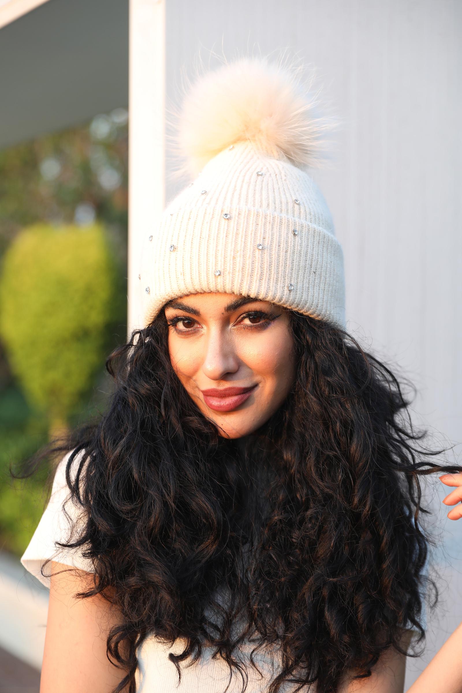 Women's Warm and Casual Rabbit Fur Hat with Sparkling Fur Pompoms - Janefur