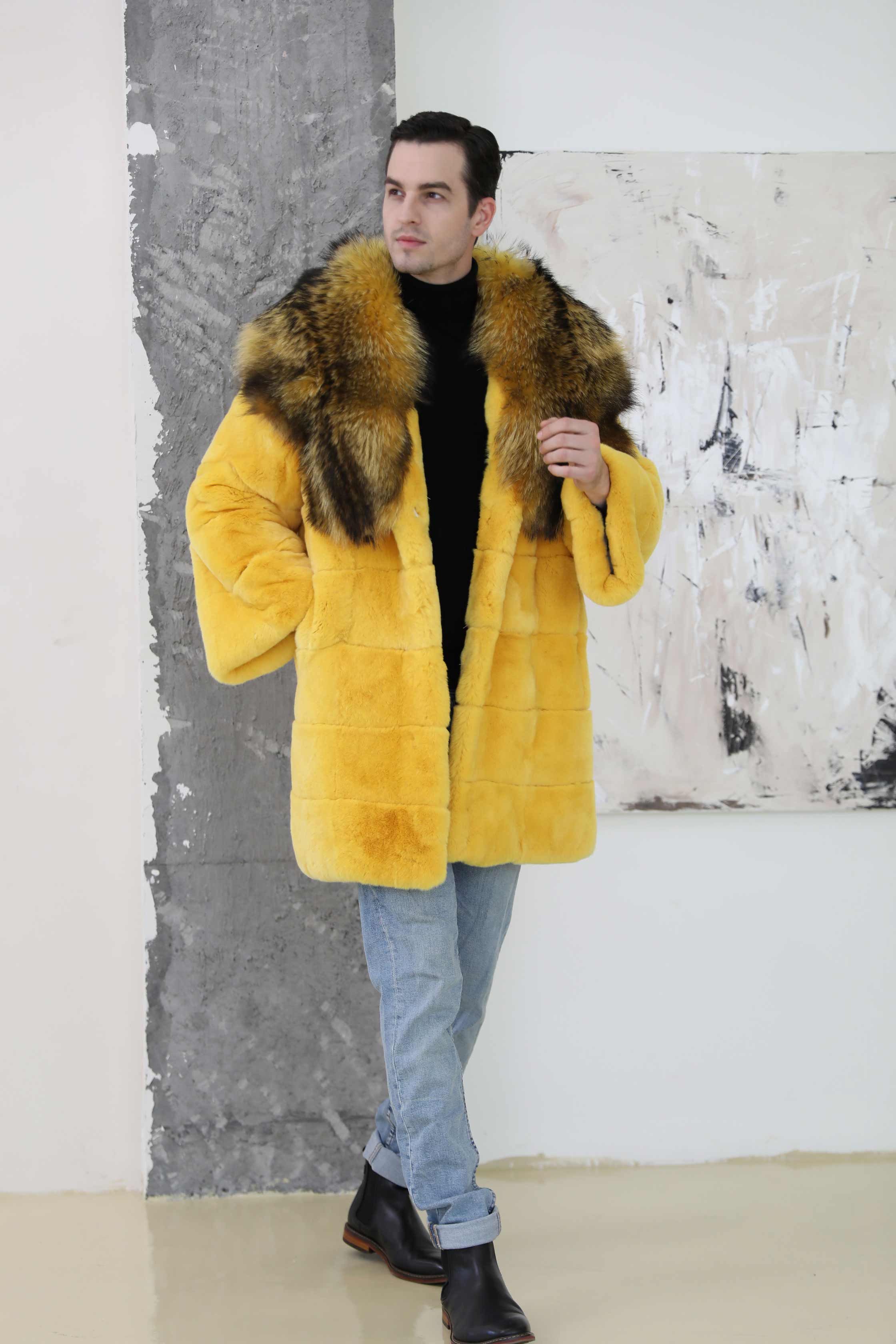 Luxury Winter Men's Long Raccoon Fur Collar Rabbit Fur Coat - Janefur