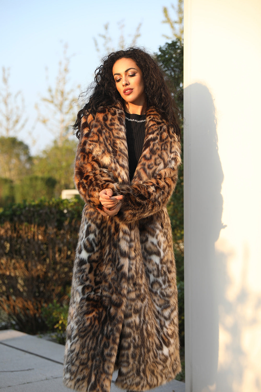 Eco-Friendly Faux Fur Coat Women's New Style Mandarin Collar Leopard Pattern Long Jacket - Janefur