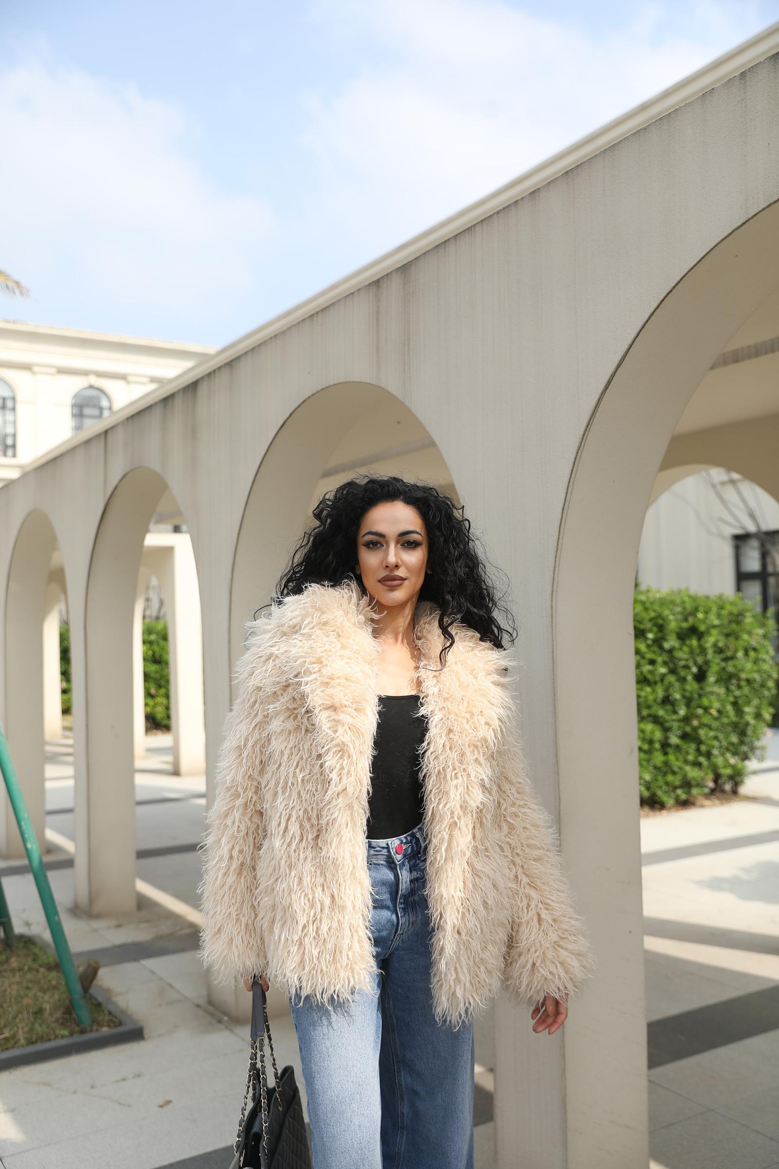 Faux Mongolian Lamb Wool Coat Eco Friendly Mongolian Lamb Wool Women's Elegant Notched Collar Short Coat Jacket - Janefur