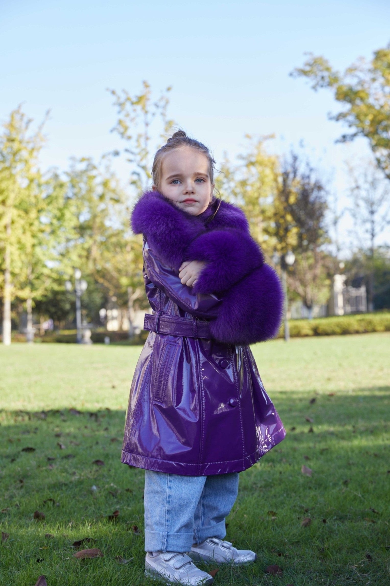 Children's Large Flip Collar Collar Terry Long Shiny Leather Jacket - Janefur
