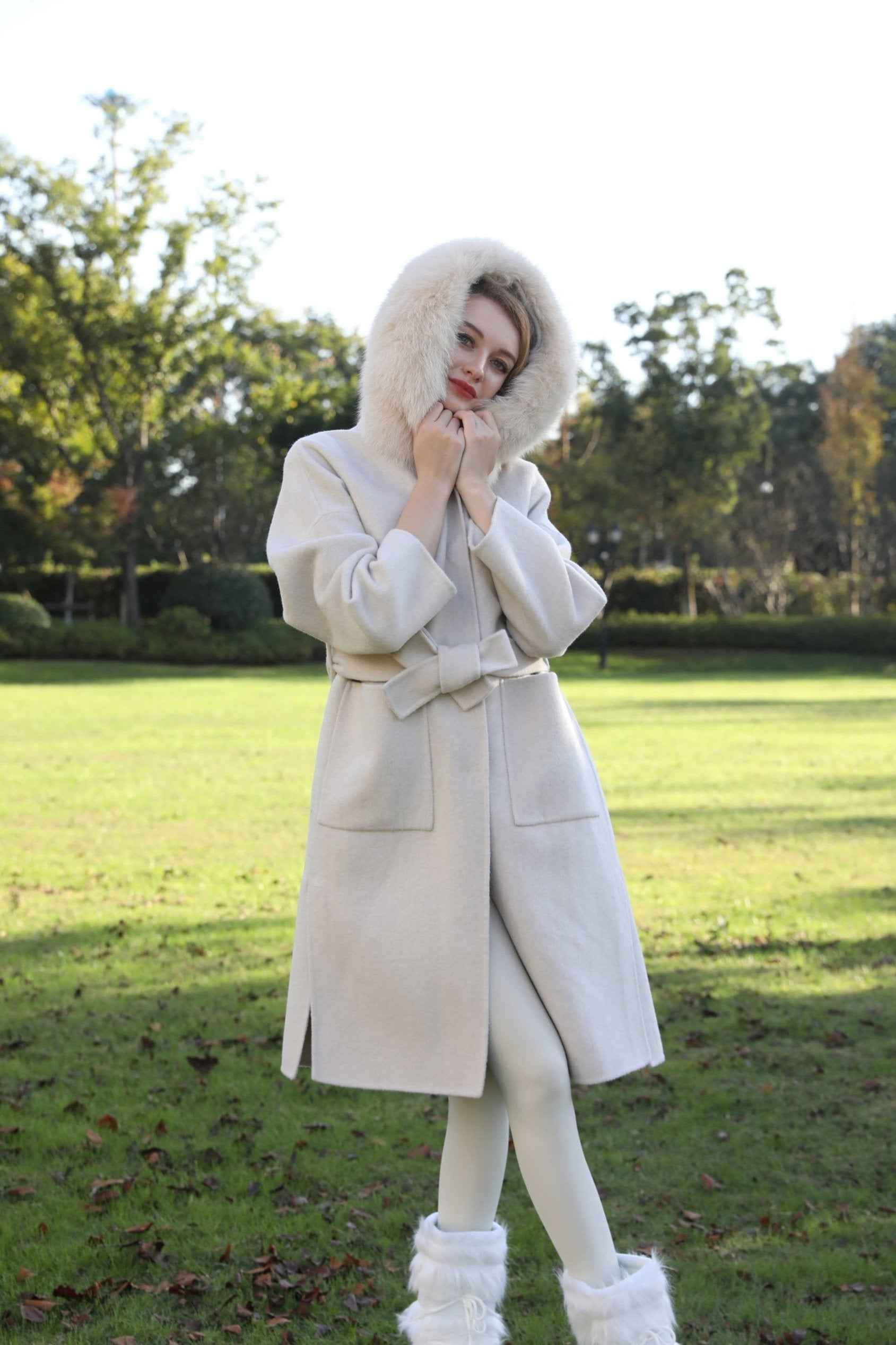 Women's Winter Fashion Hooded Double Sided Cashmere Long Coat - Janefur