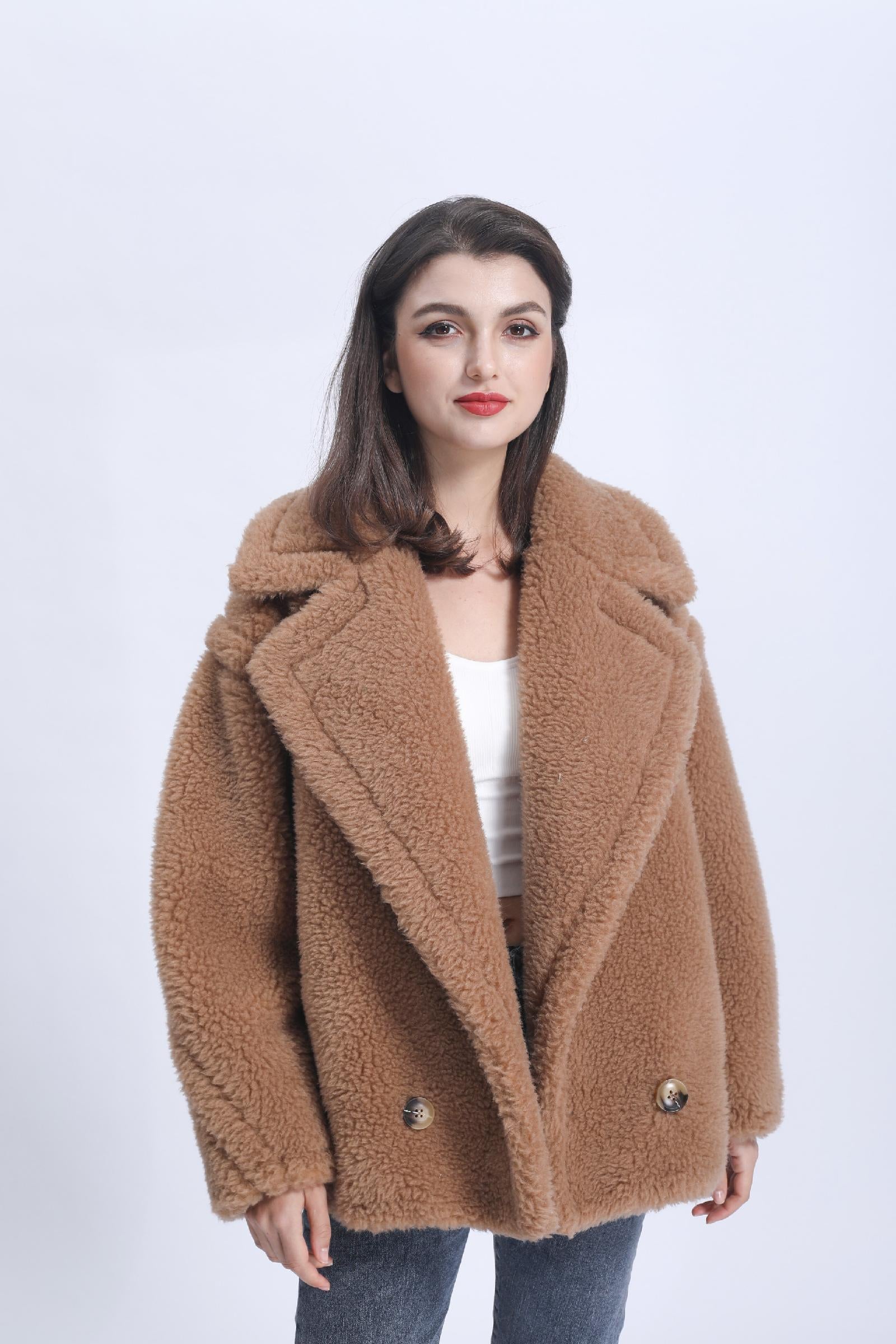 Womens' Teddy Shearling Coat with Leather Button Hem and Double-breasted Lamb Wool Jacket Spring Fur Coat - Janefur