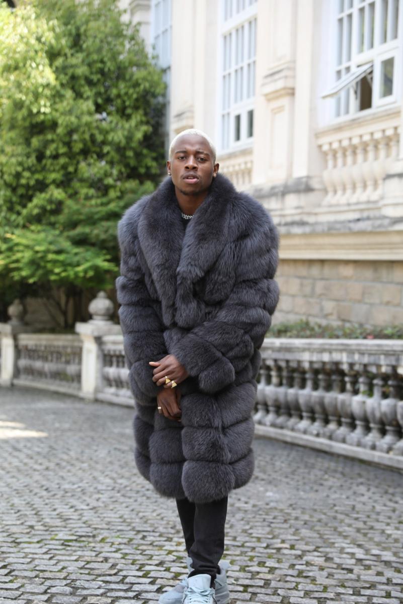 Men's long coat with a nine-section bread pattern and blue fox fur - Janefur