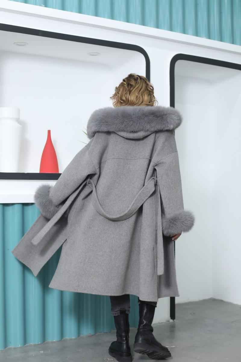 Long Double-Sided Woolen Coat with Large Pockets and Hood - Janefur