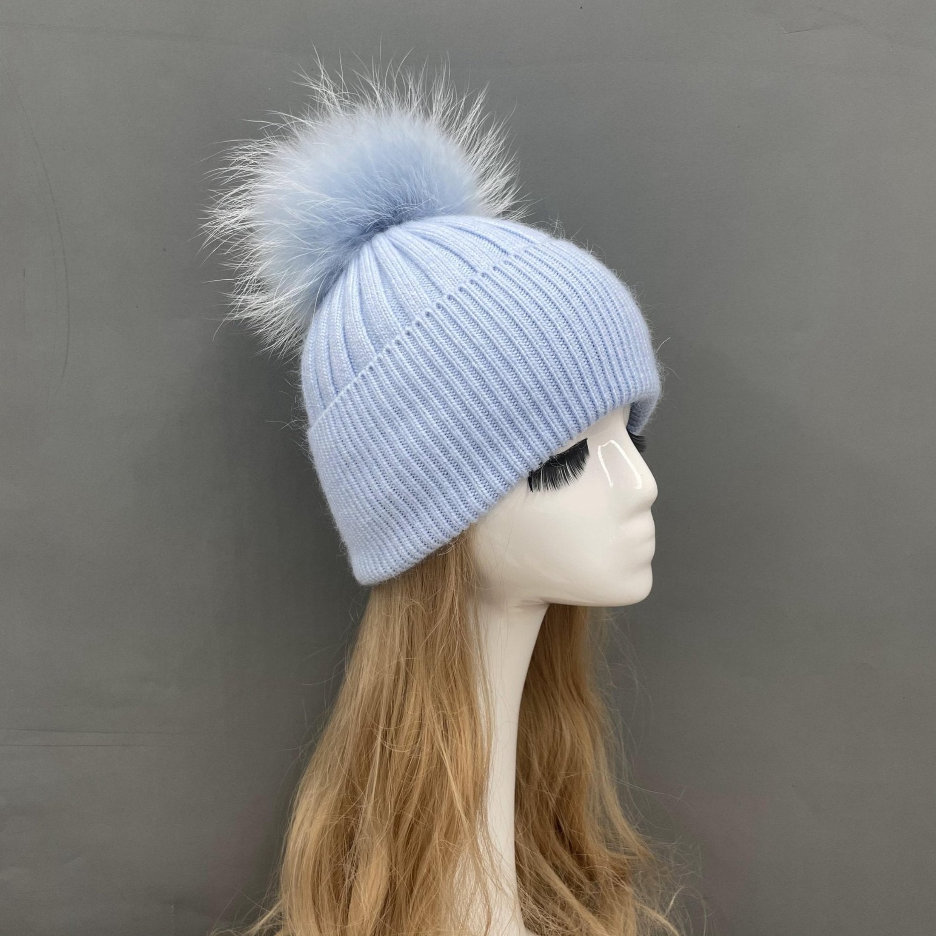 Winter Knitted Angora Beanie Hat With Removable Fur Pom Pom - Janefur