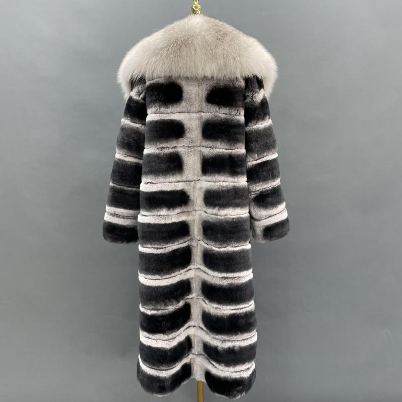 Coat With a Large Fur Collar Made of Rex Rabbit Fur - Janefur