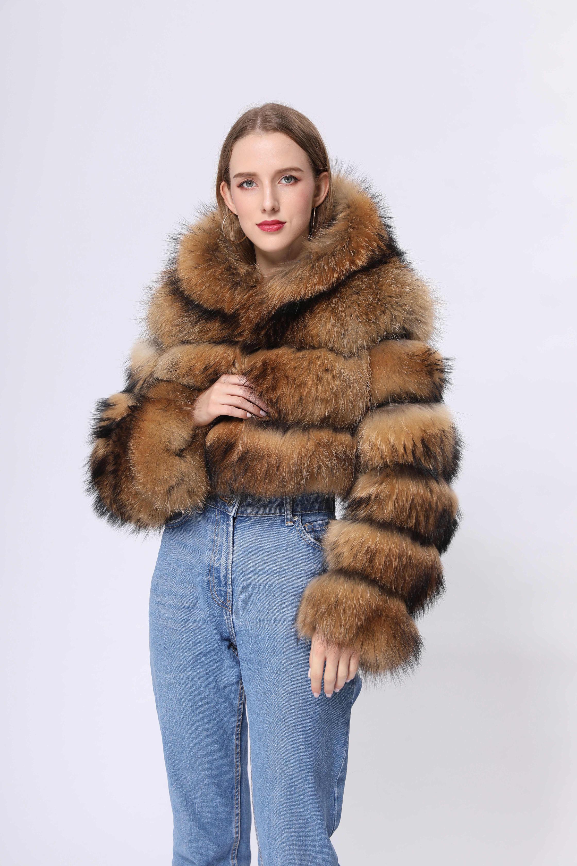 Fashion coat winter natural raccoon fur hooded short women's jacket - Janefur