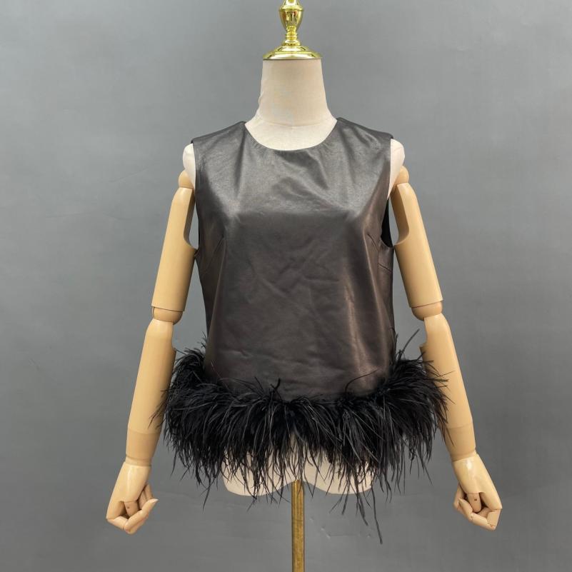 Janefur Leather Vest Ostrich Fur Hem - Janefur