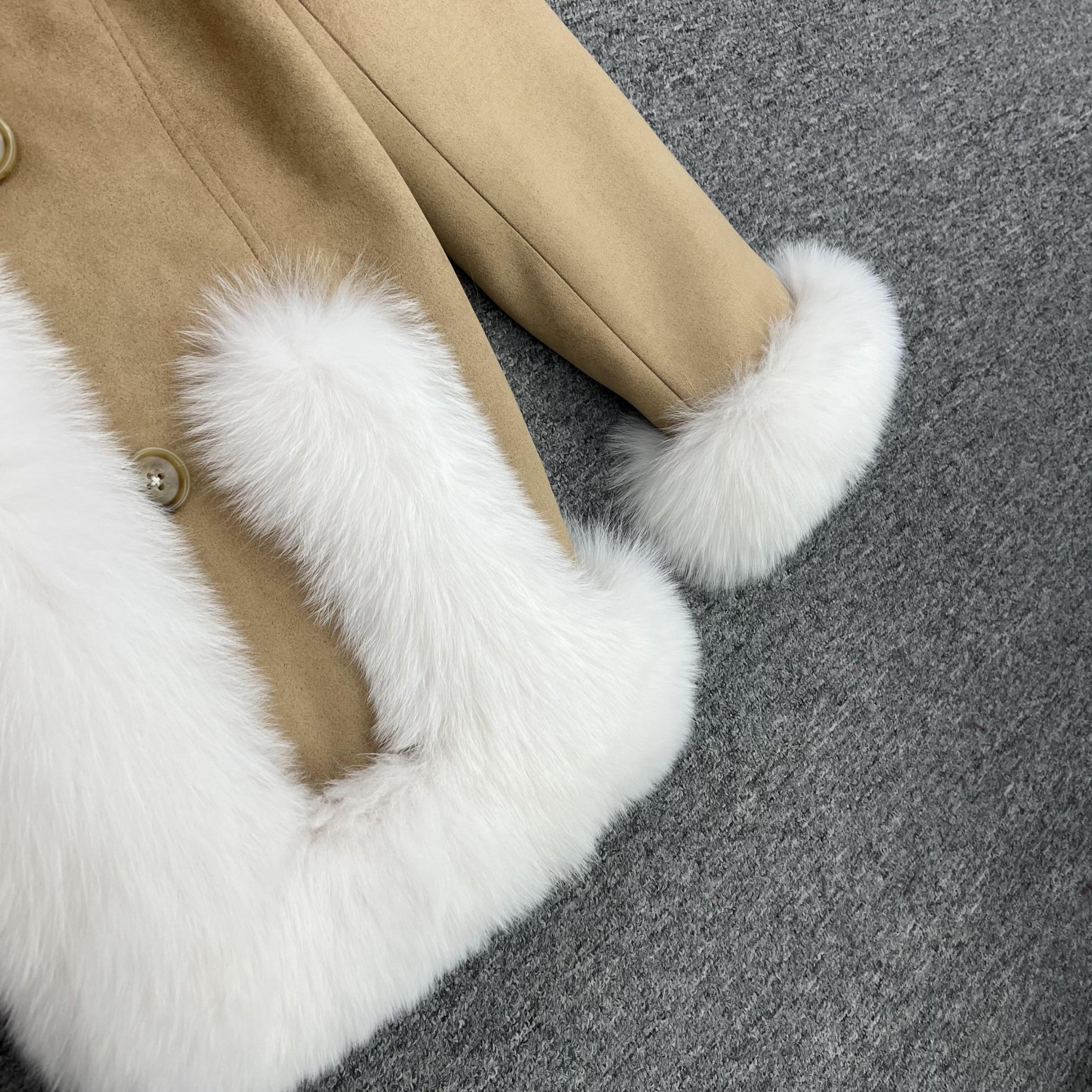 Suede Double Breasted Goose Down Women's Jacket with Suit Collar - Janefur