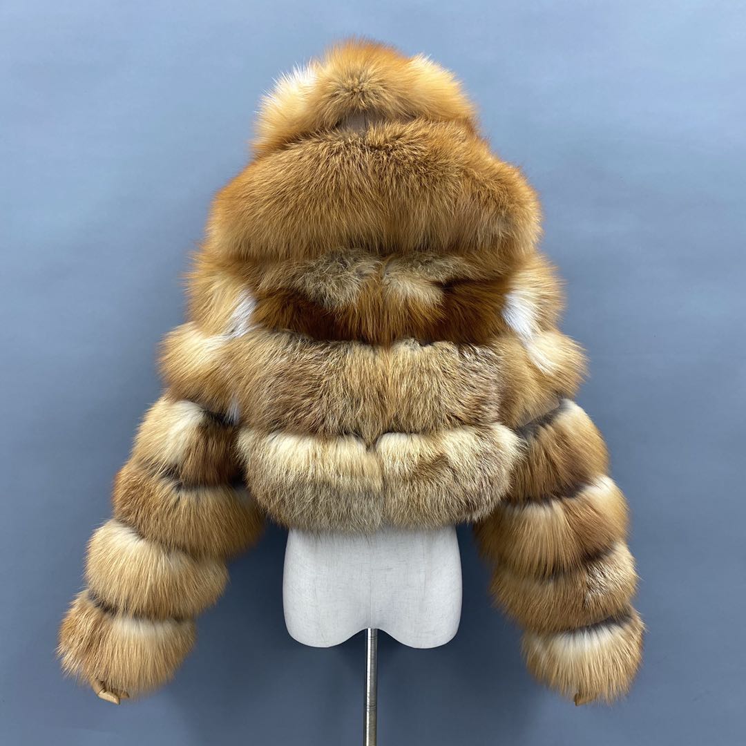 Fashion Short Genuine Fox Fur Coat Women's Winter Hooded Jacket - Janefur