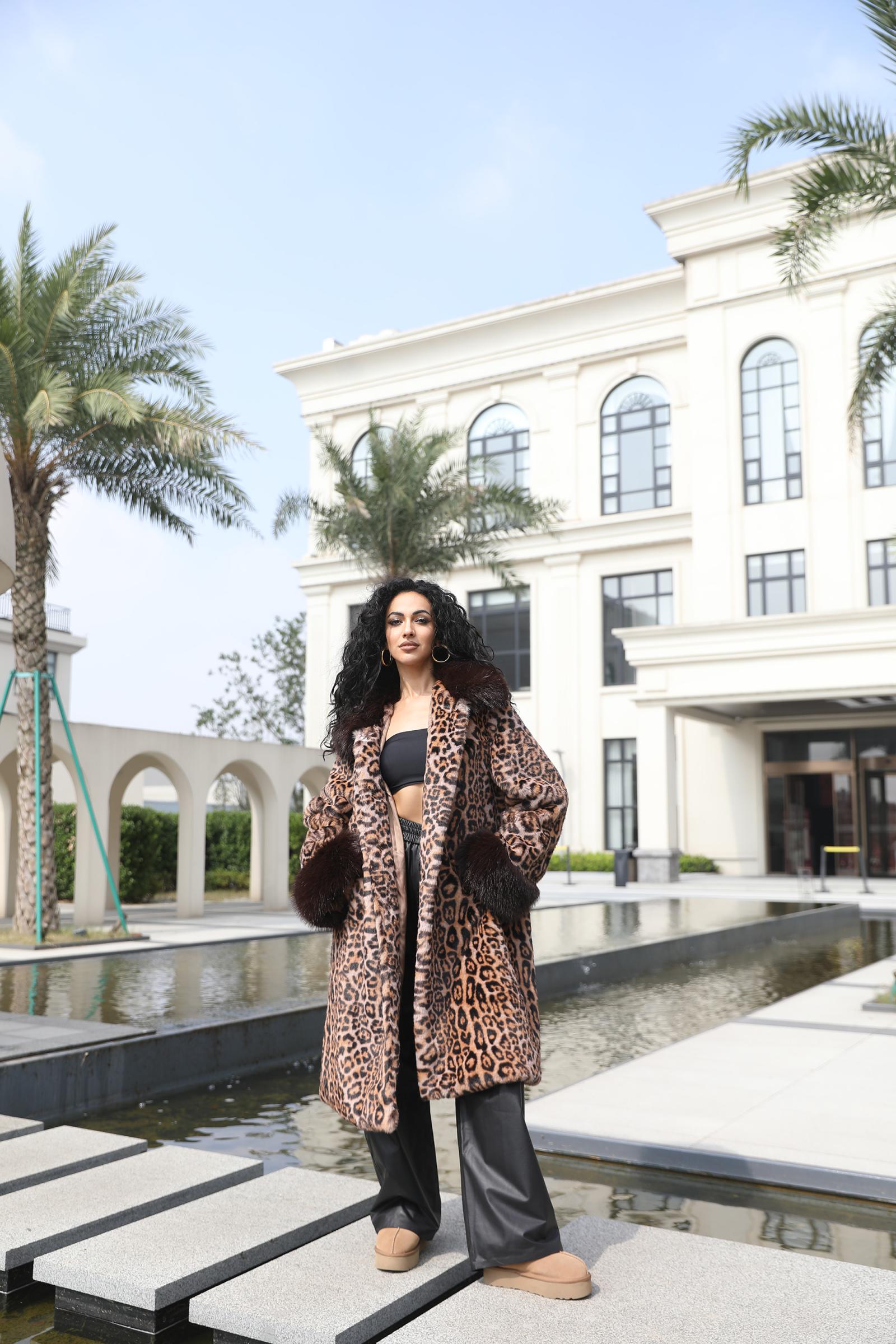 Faux Fur Coat Women's New Style Lapel Leopard Pattern Long Jacket - Janefur