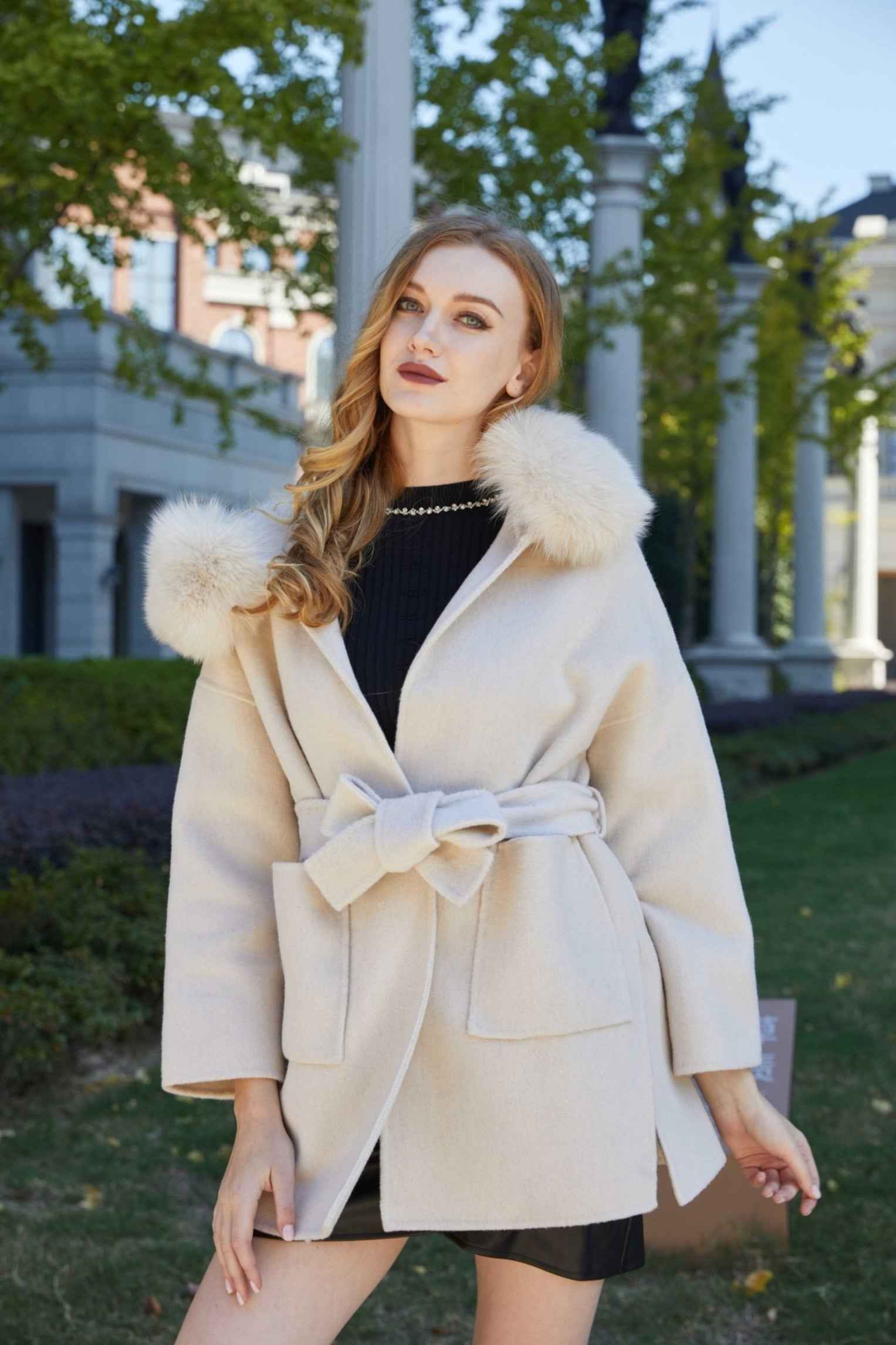 Double-sided Cashmere Mid-length Hooded Large Fur Collar Coat Women's Winter Coat - Janefur