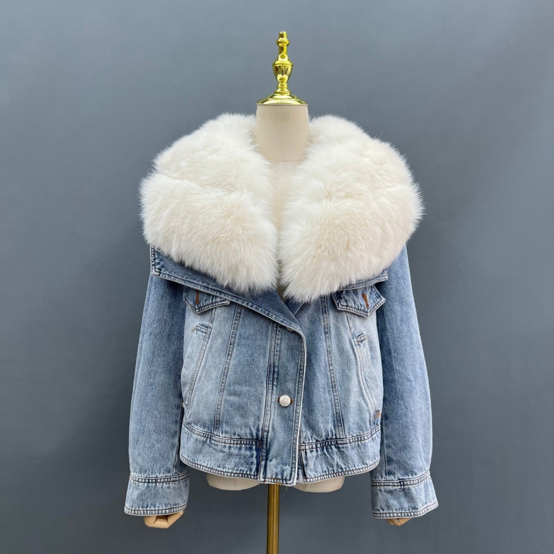 Fur Collar Fur Parka Denim Down Coat Jacket - Janefur
