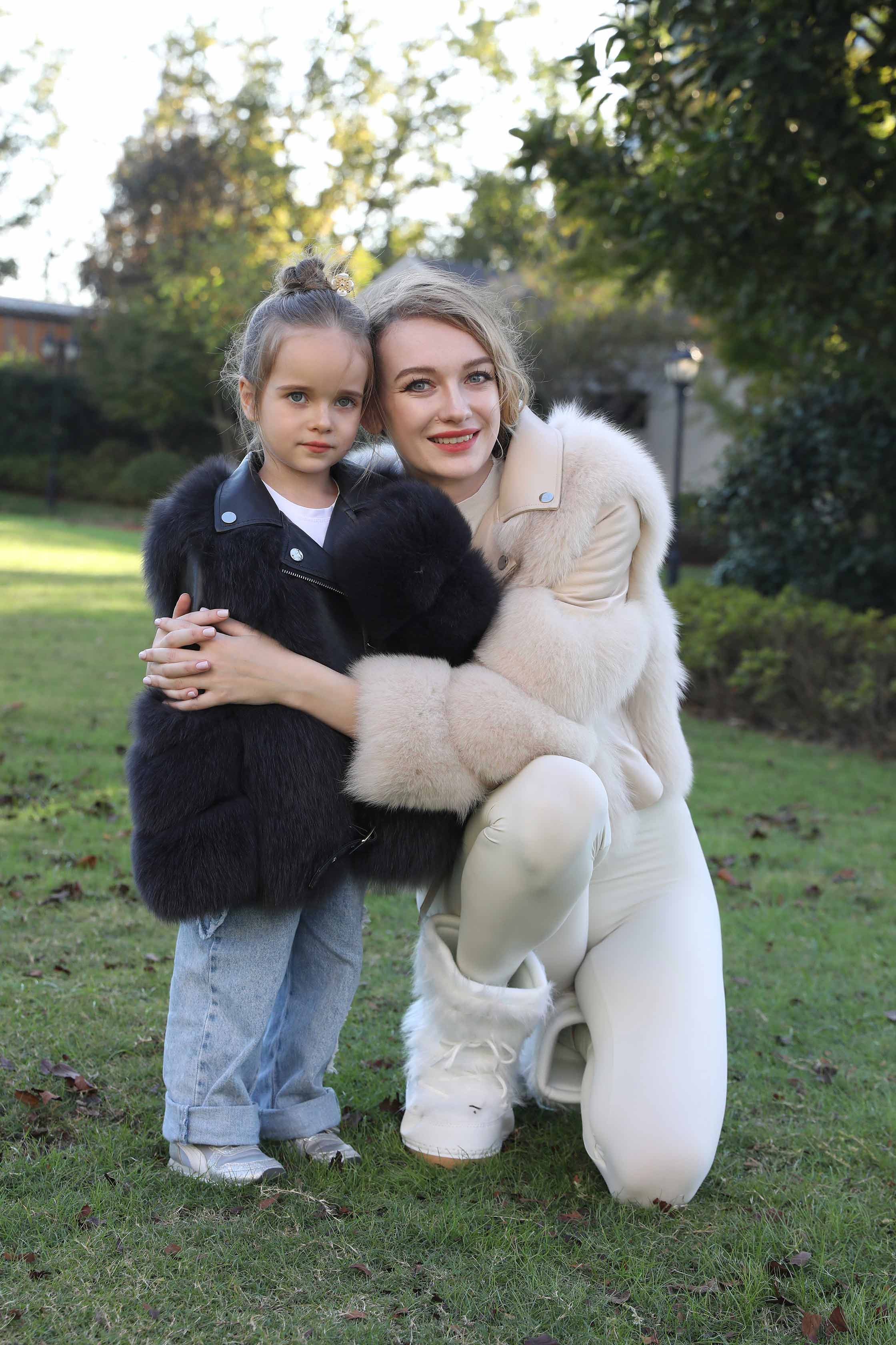 Children's Parent and Child Leather Collar Fox Fur Winter Coat - Janefur