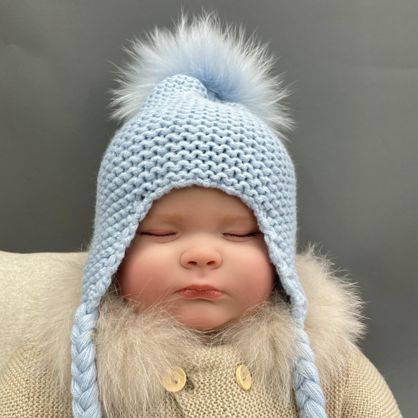 Children's Fashion Knitted Big Braid Raccoon Fur Pom Pom Hat - Janefur