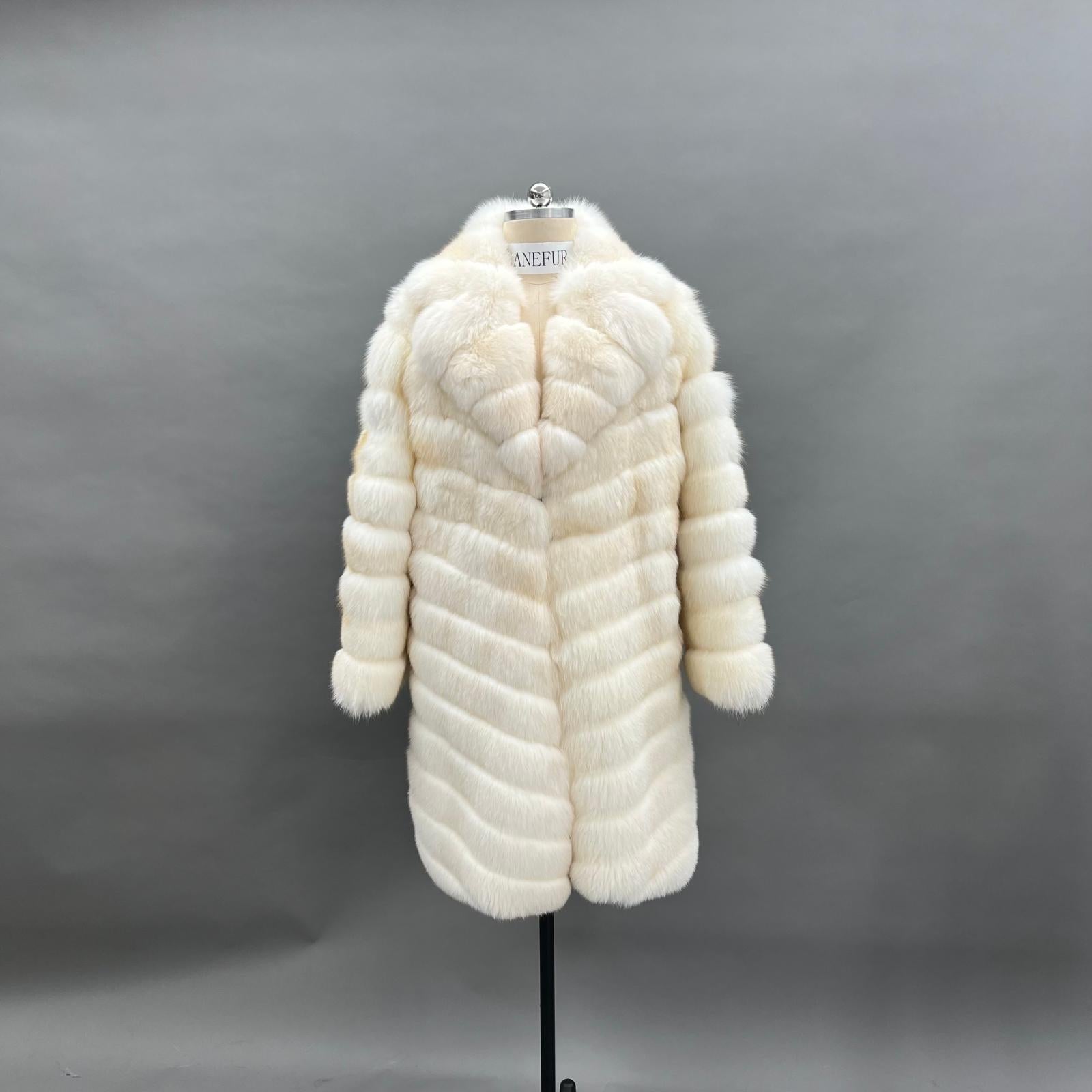 Women's Luxurious Fox Fur Lapel Striped Long Coat Fur Jacket - Janefur