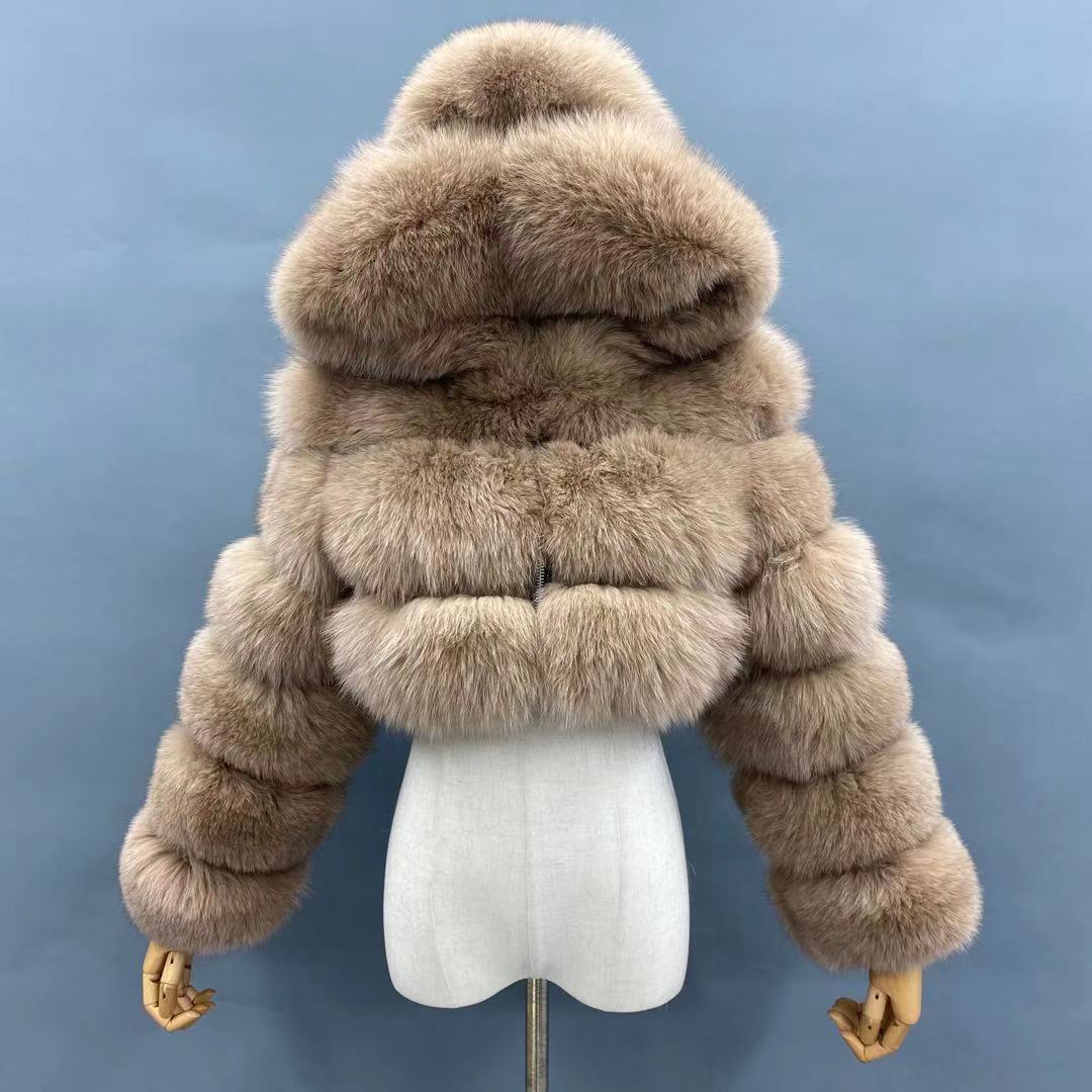 Fashion Short Genuine Fox Fur Coat Women's Winter Hooded Jacket - Janefur