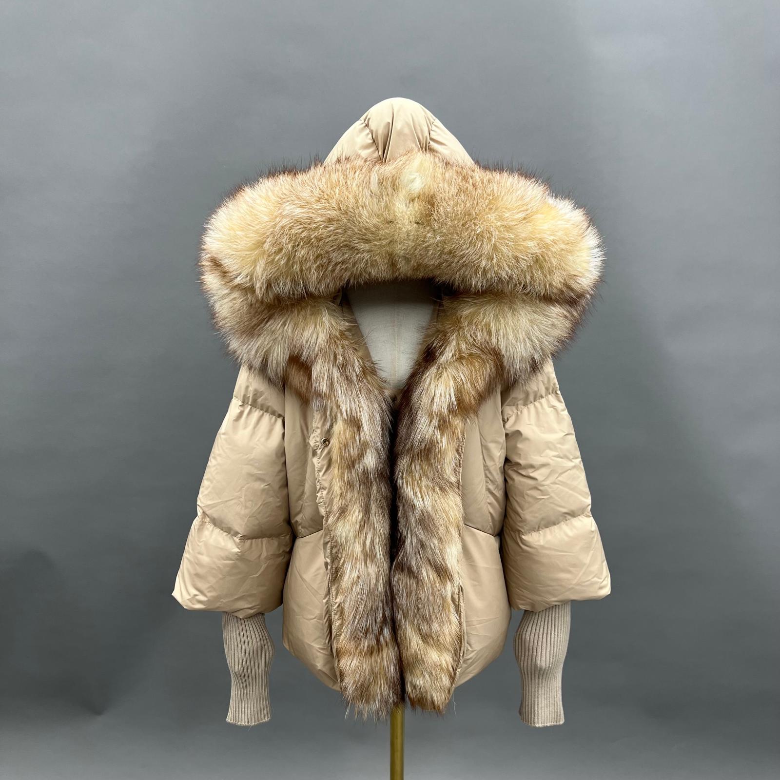 Goose Down Women's Knitted Cuff Hooded Fashionable Down Jacket - Janefur