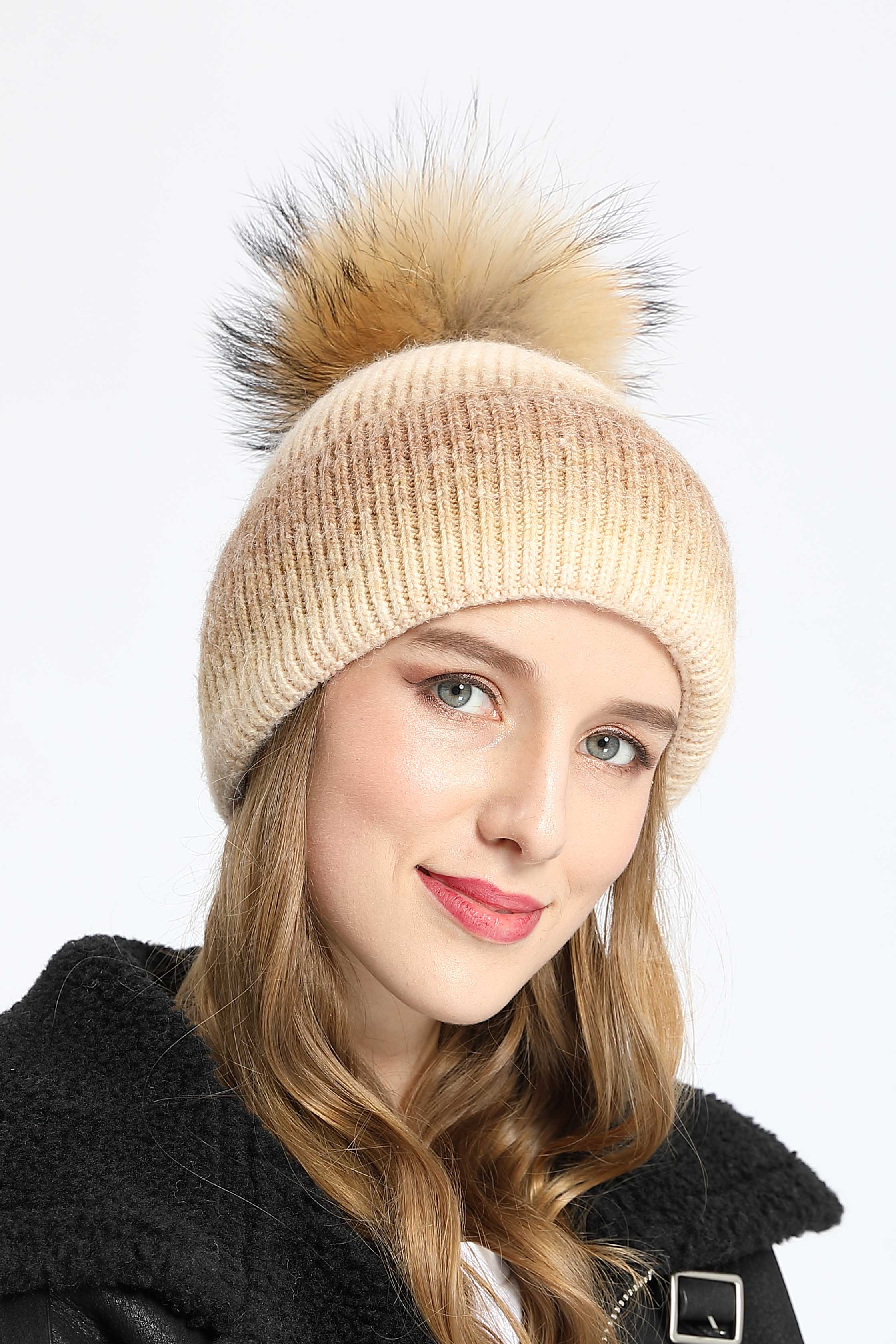 Gradient Wool Hat with Fur Pom Pom Women Hat - Janefur