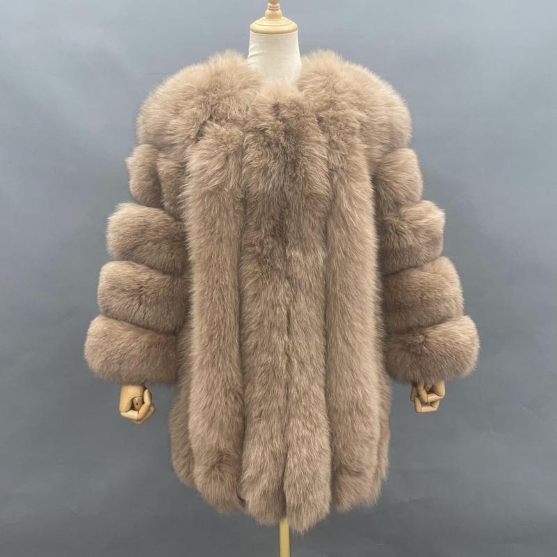 Fashion Women's Long Fox Fur Coat Vertical Stripes Solid Color - Janefur
